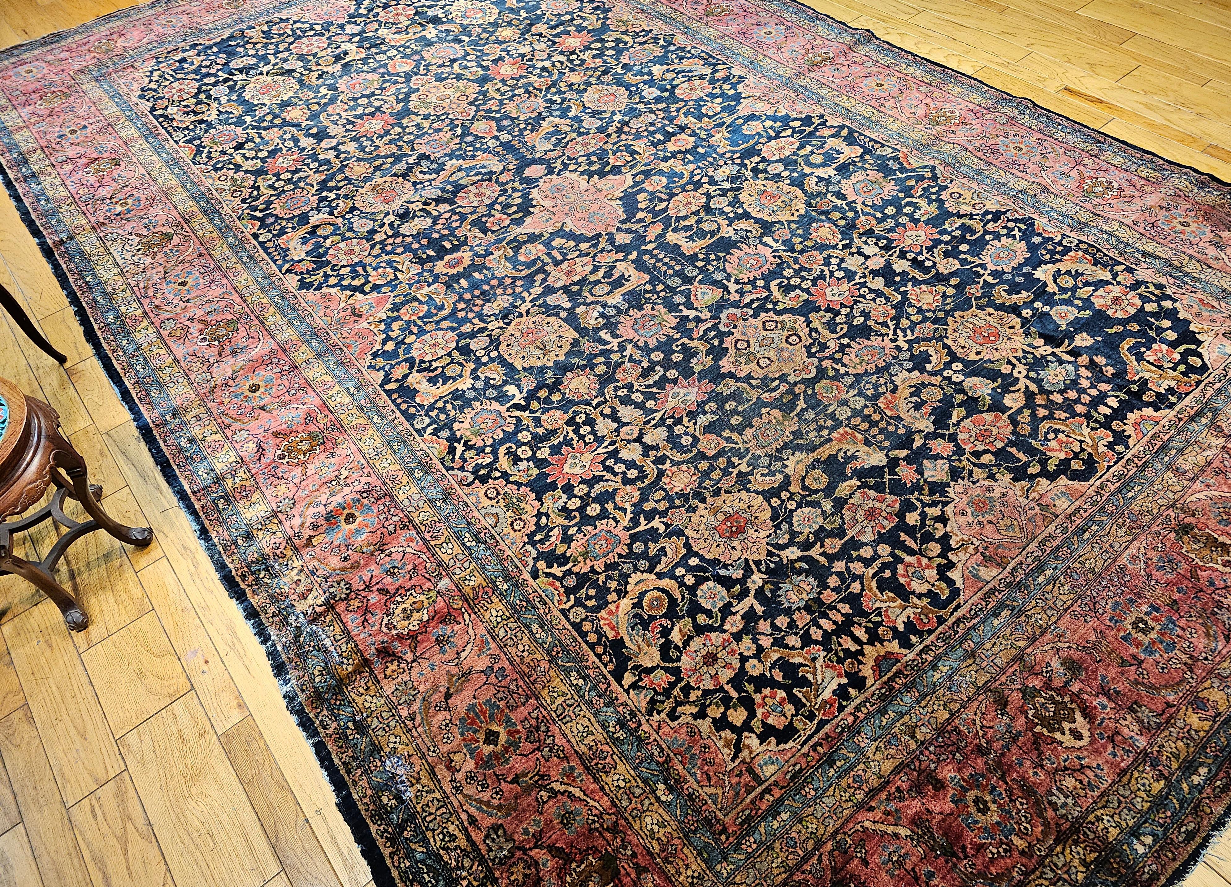 19th Century Oversize Persian Farahan in Allover Floral Pattern in Navy, Red For Sale 11