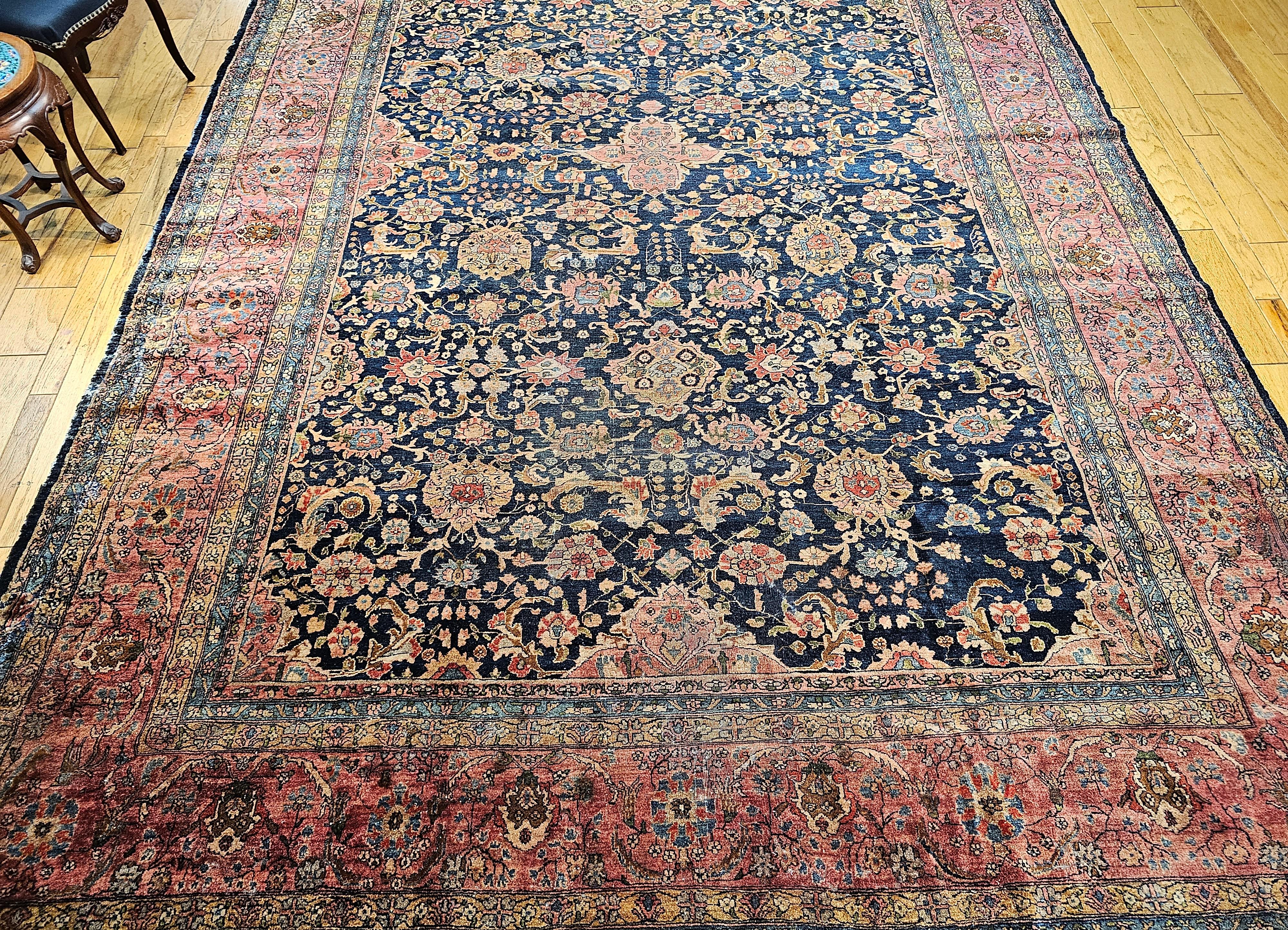 19th Century Oversize Persian Farahan in Allover Floral Pattern in Navy, Red For Sale 12