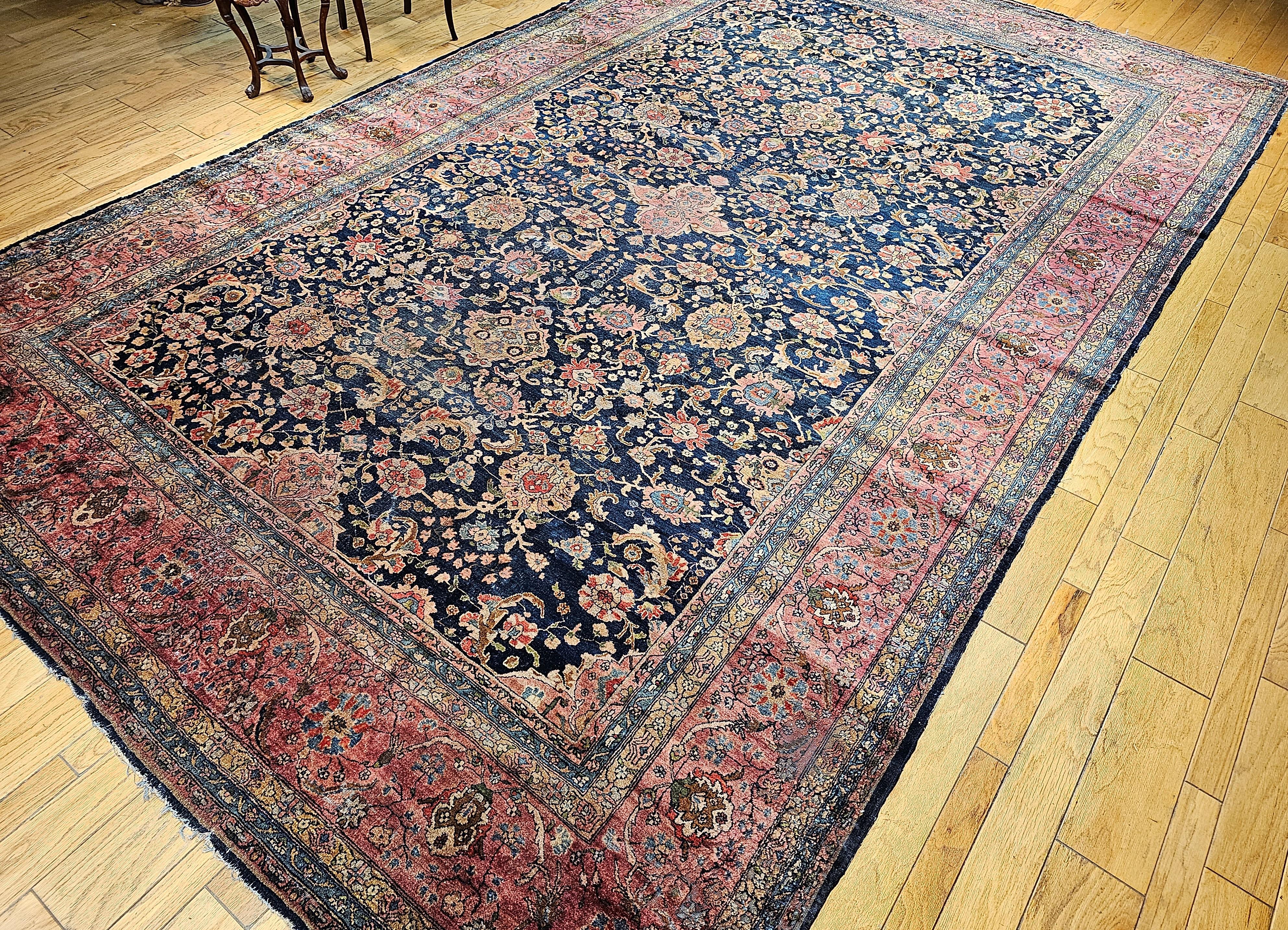 19th Century Oversize Persian Farahan in Allover Floral Pattern in Navy, Red For Sale 13