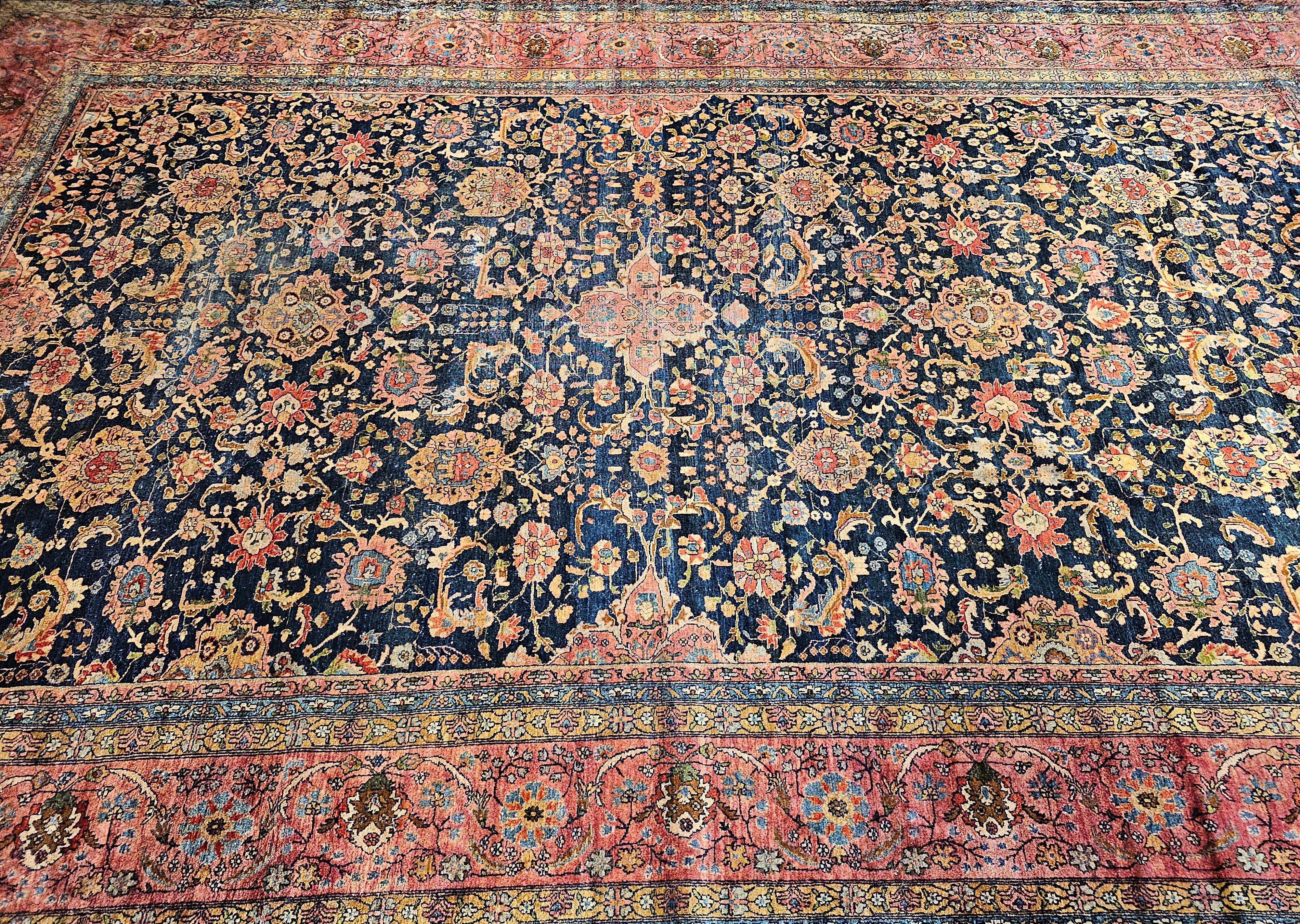 19th Century Oversize Persian Farahan in Allover Floral Pattern in Navy, Red For Sale 14