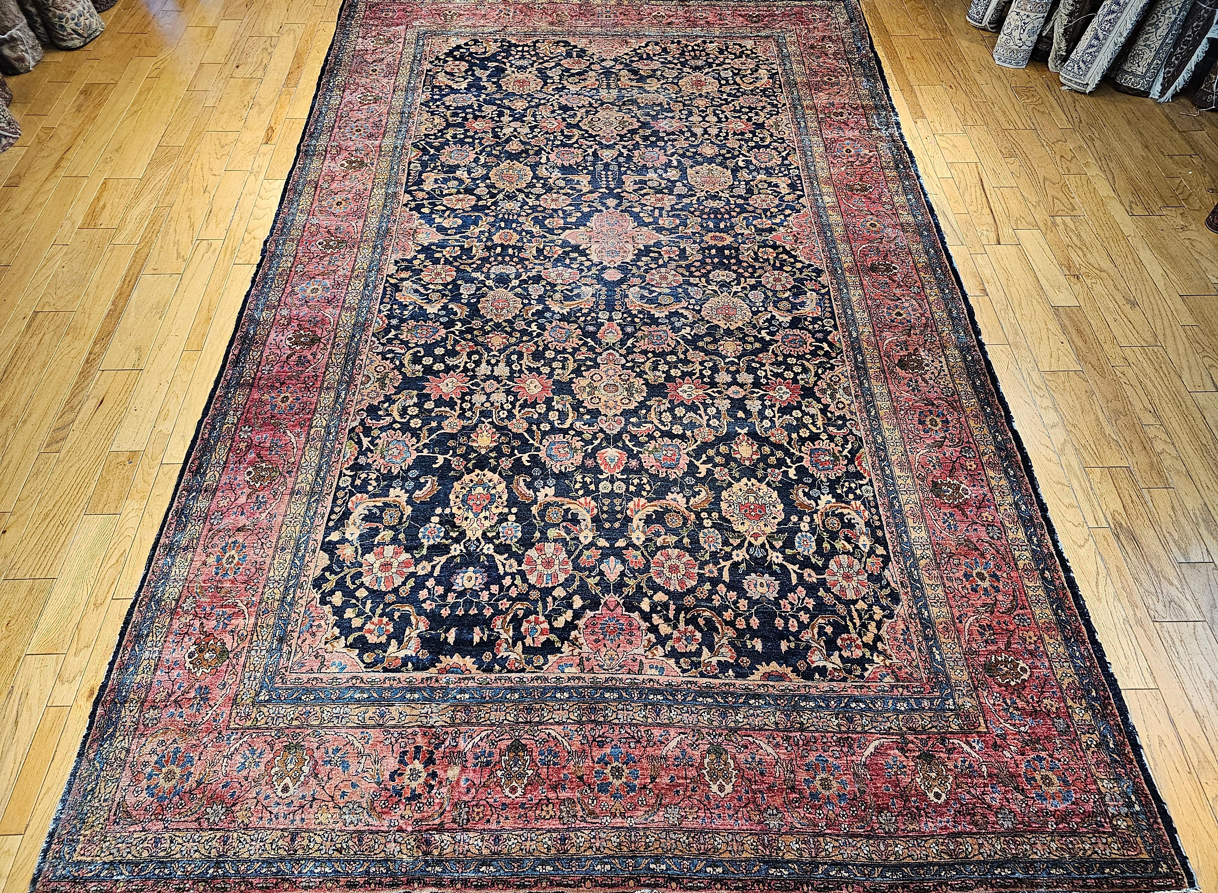 19th Century Oversize Persian Farahan in Allover Floral Pattern in Navy, Red For Sale 15