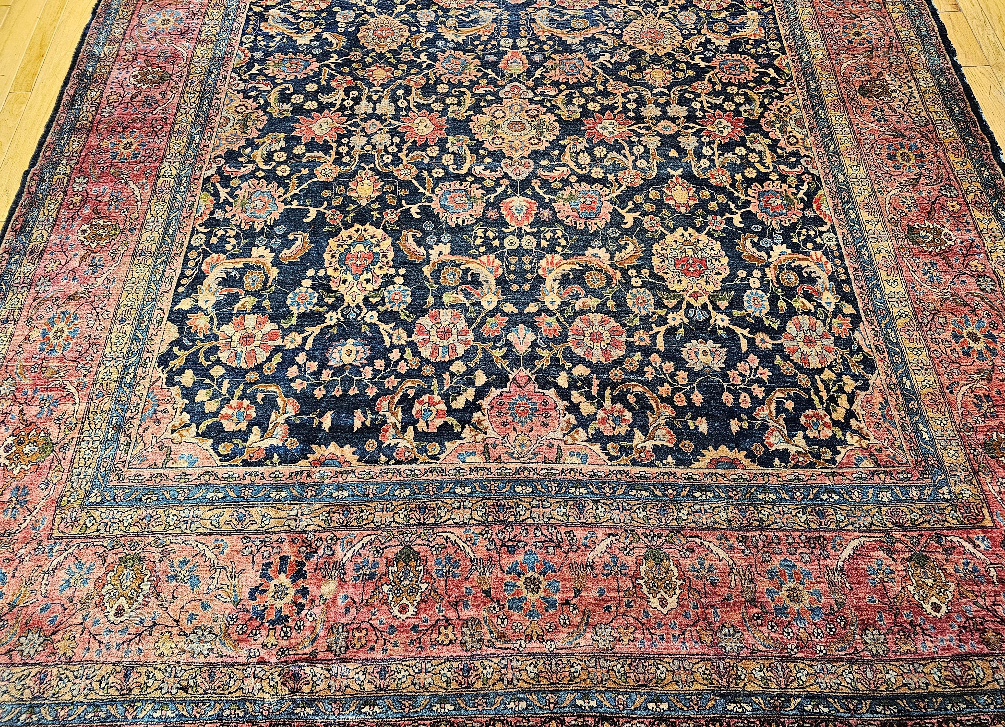 Hand-Knotted 19th Century Oversize Persian Farahan in Allover Floral Pattern in Navy, Red For Sale