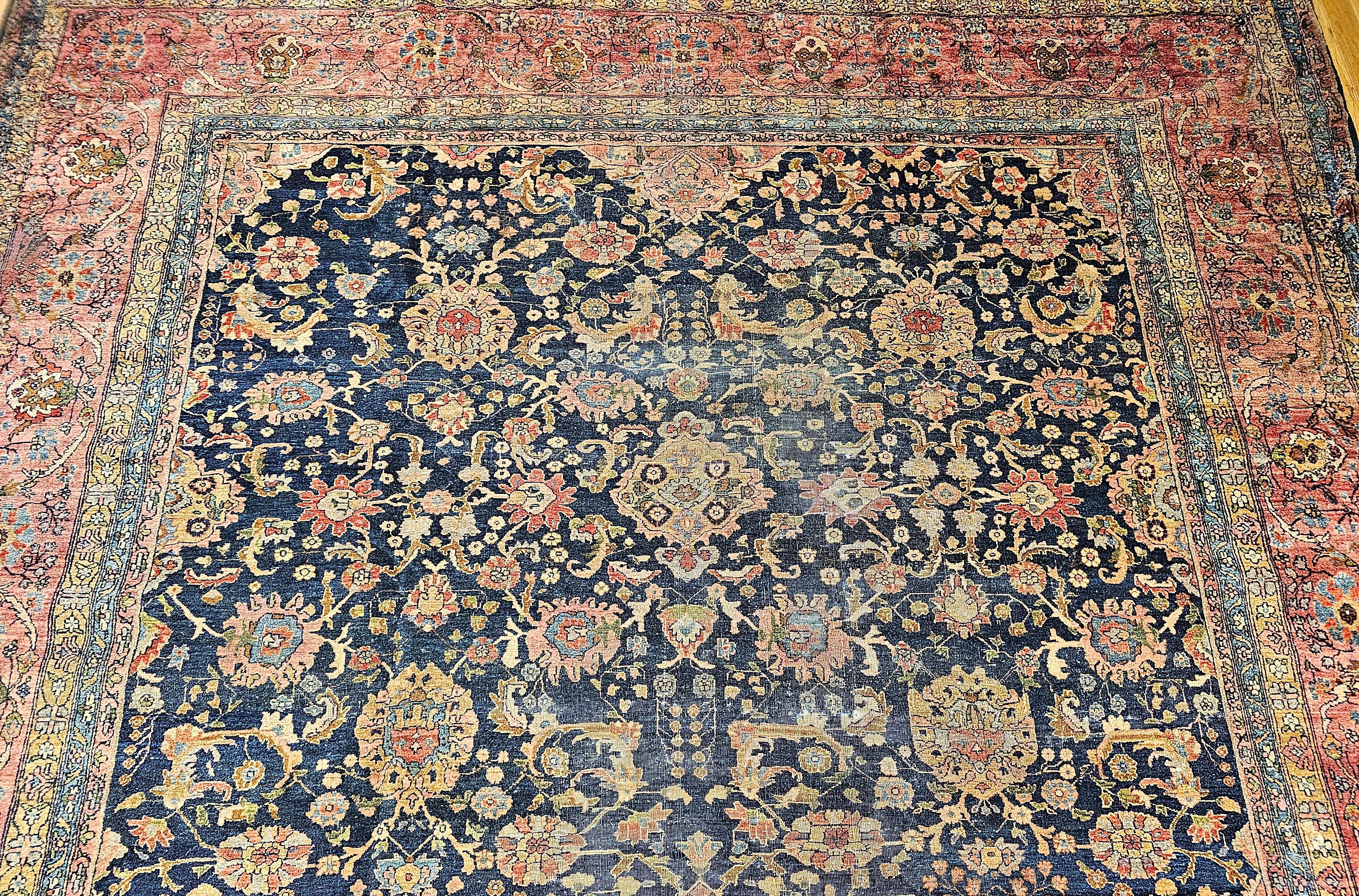 Wool 19th Century Oversize Persian Farahan in Allover Floral Pattern in Navy, Red For Sale