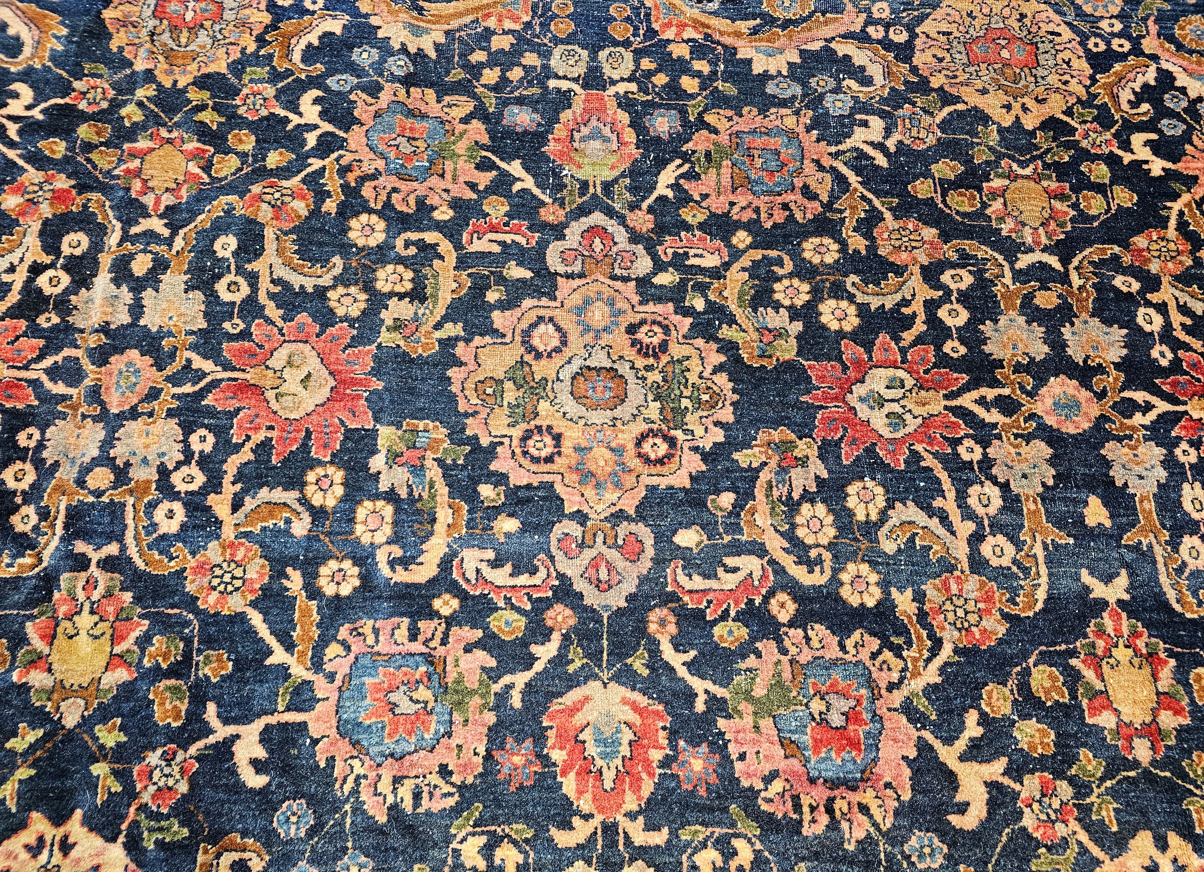 19th Century Oversize Persian Farahan in Allover Floral Pattern in Navy, Red For Sale 1