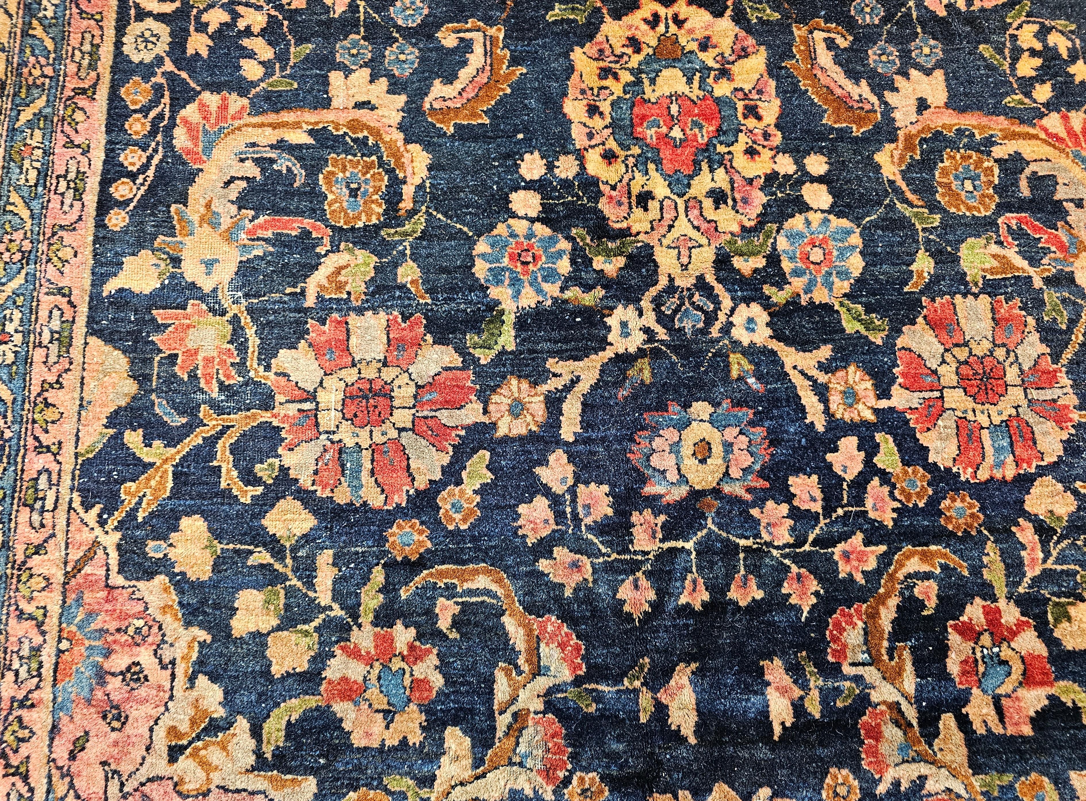 19th Century Oversize Persian Farahan in Allover Floral Pattern in Navy, Red For Sale 3