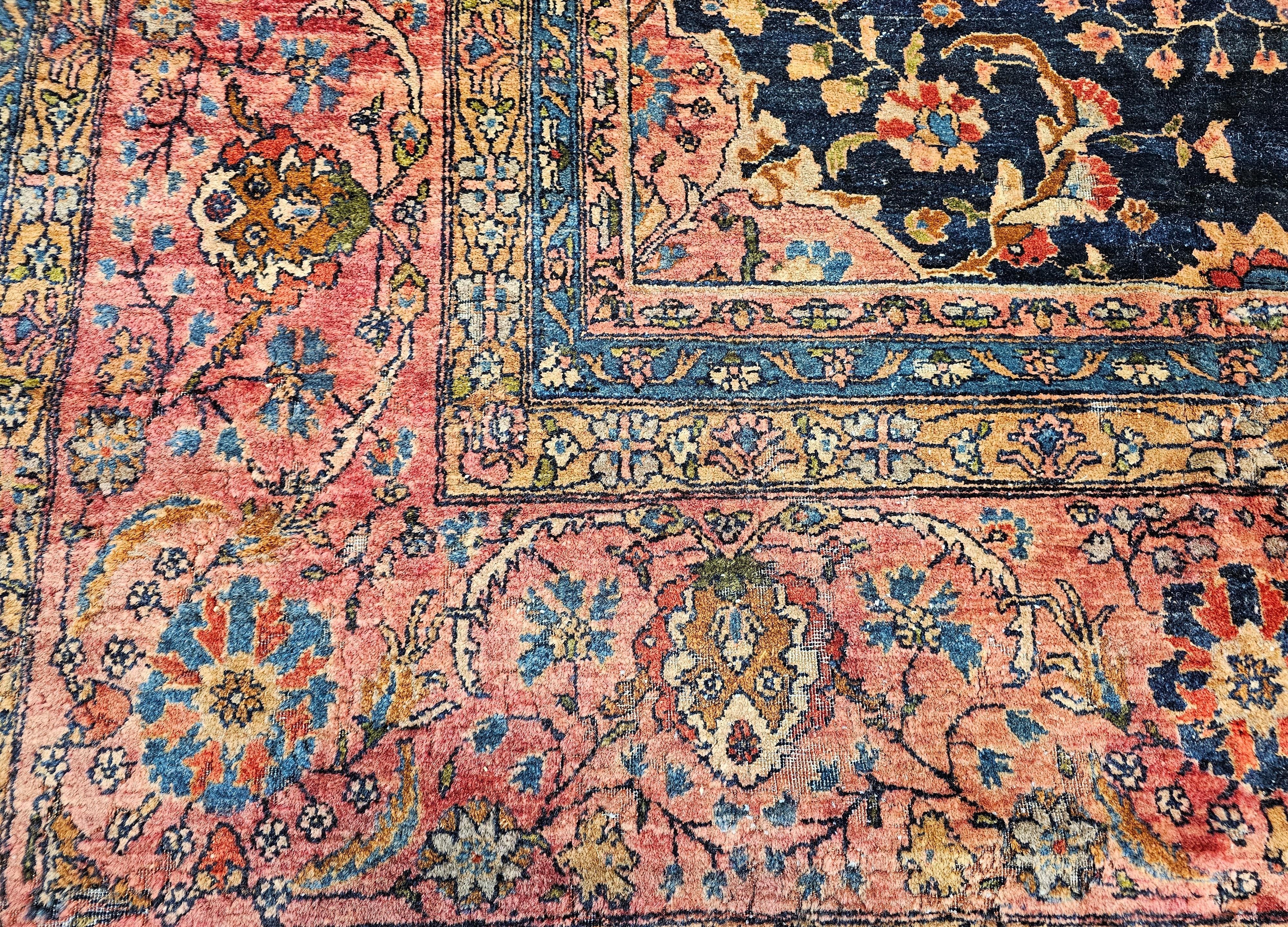 19th Century Oversize Persian Farahan in Allover Floral Pattern in Navy, Red For Sale 4