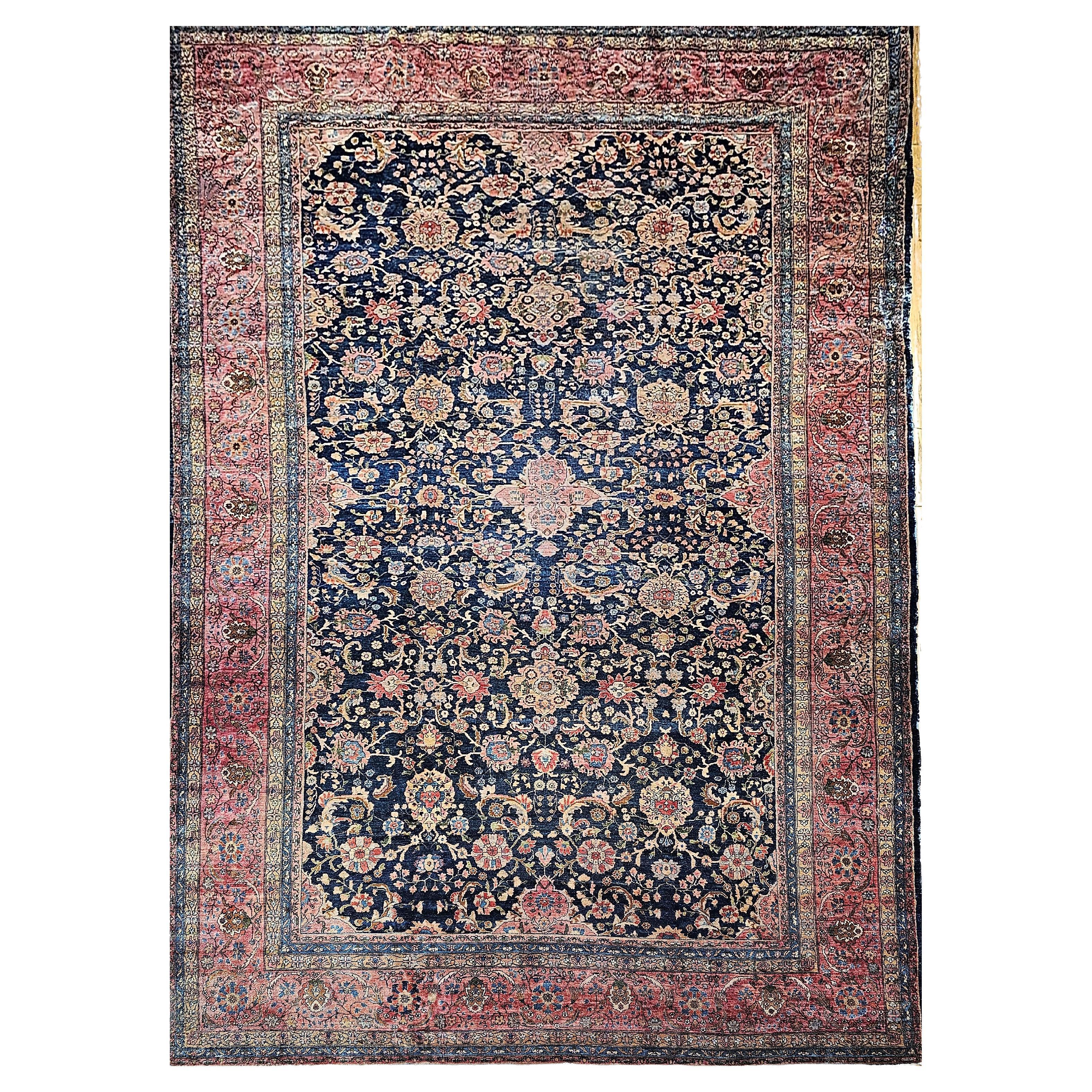 19th Century Oversize Persian Farahan in Allover Floral Pattern in Navy, Red For Sale