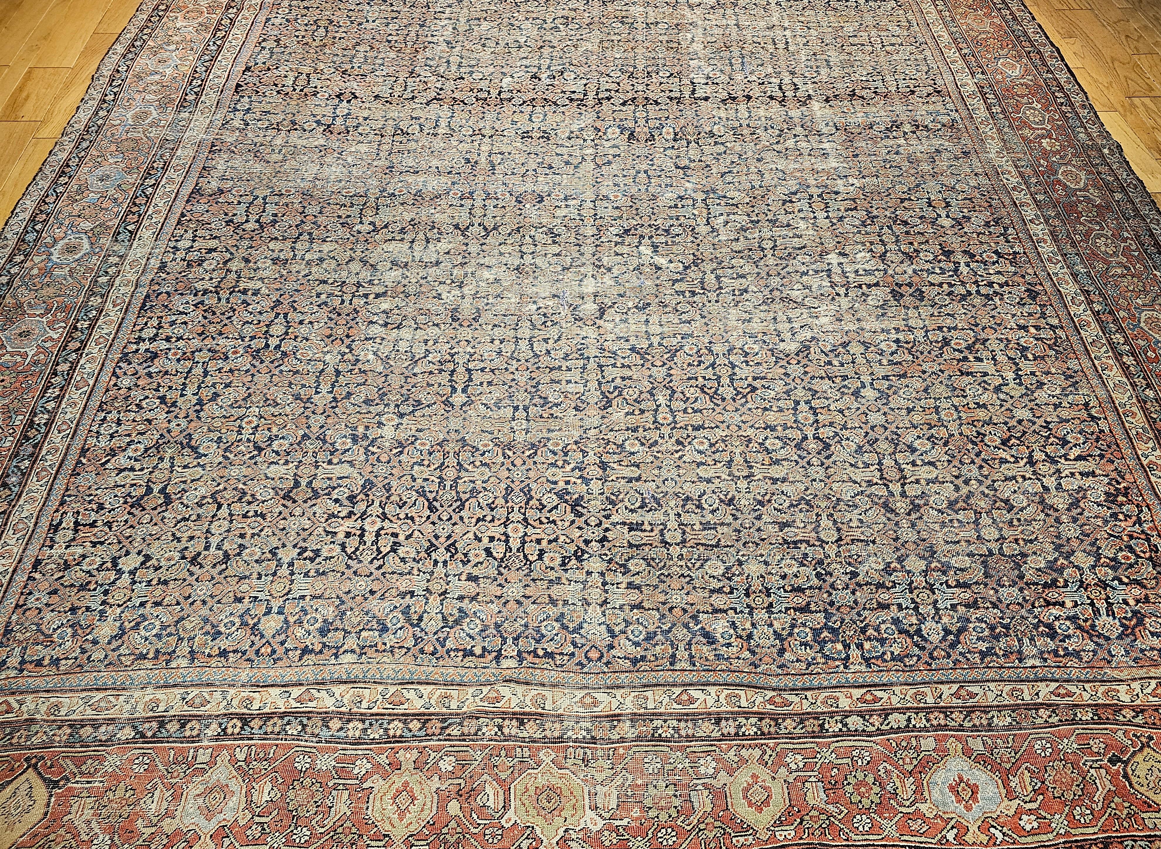 19th Century Oversize Persian Farahan in Allover Herati Pattern in Navy, Brick For Sale 6
