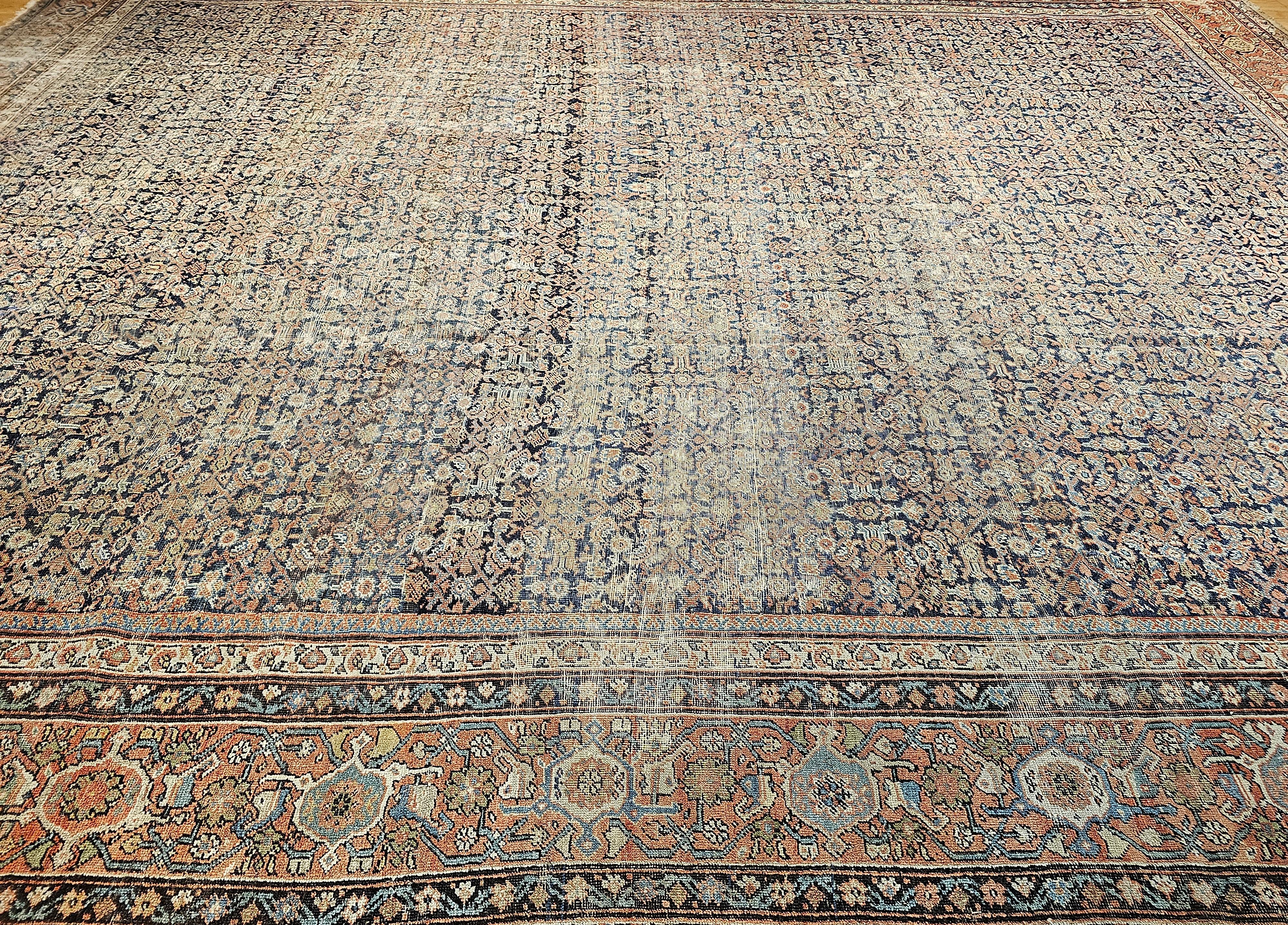 19th Century Oversize Persian Farahan in Allover Herati Pattern in Navy, Brick For Sale 9