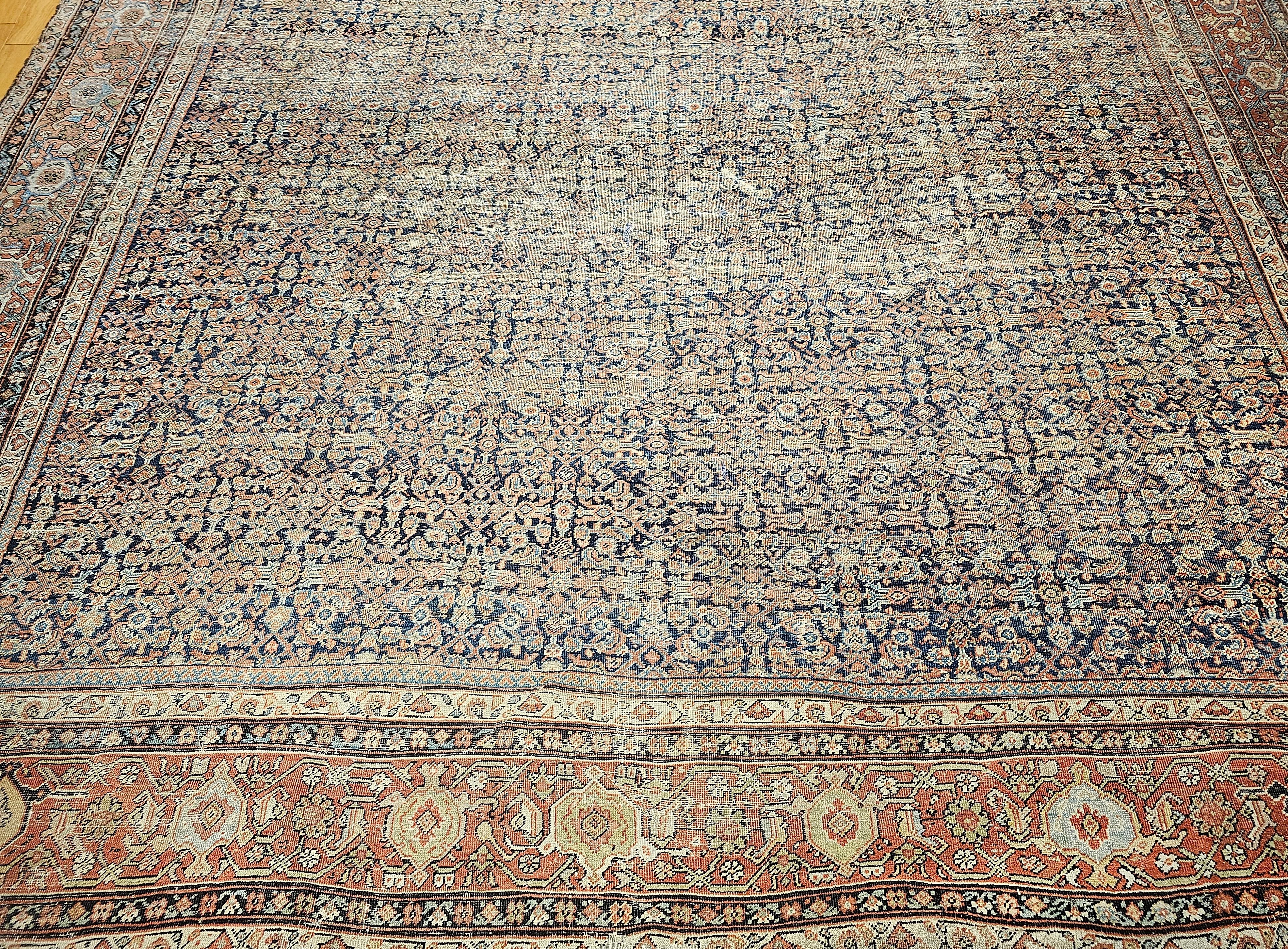 Hand-Knotted 19th Century Oversize Persian Farahan in Allover Herati Pattern in Navy, Brick For Sale