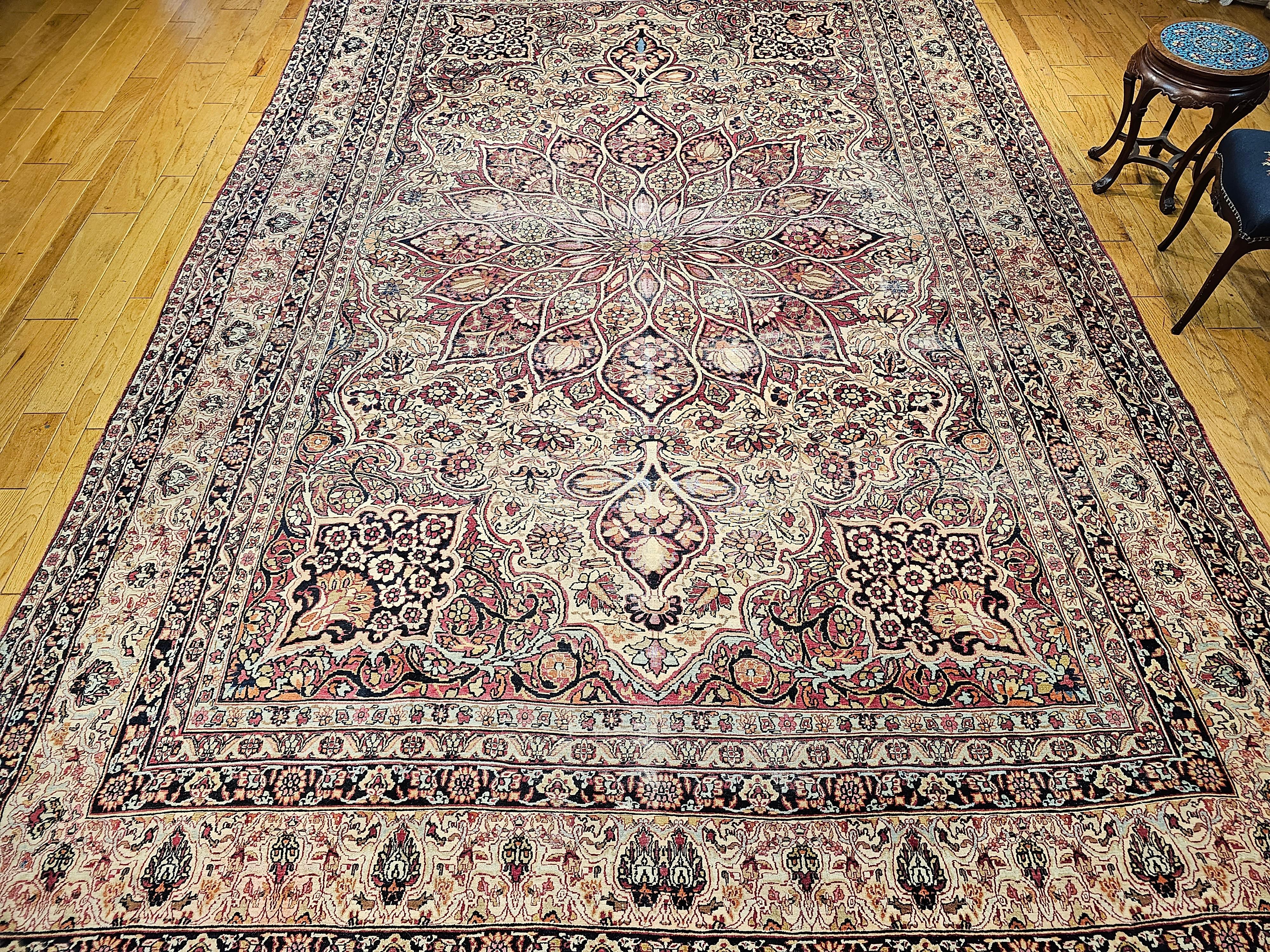 19th Century Oversize Persian Kerman Lavar in Ivory, Red, Pink, Blue, Green For Sale 7