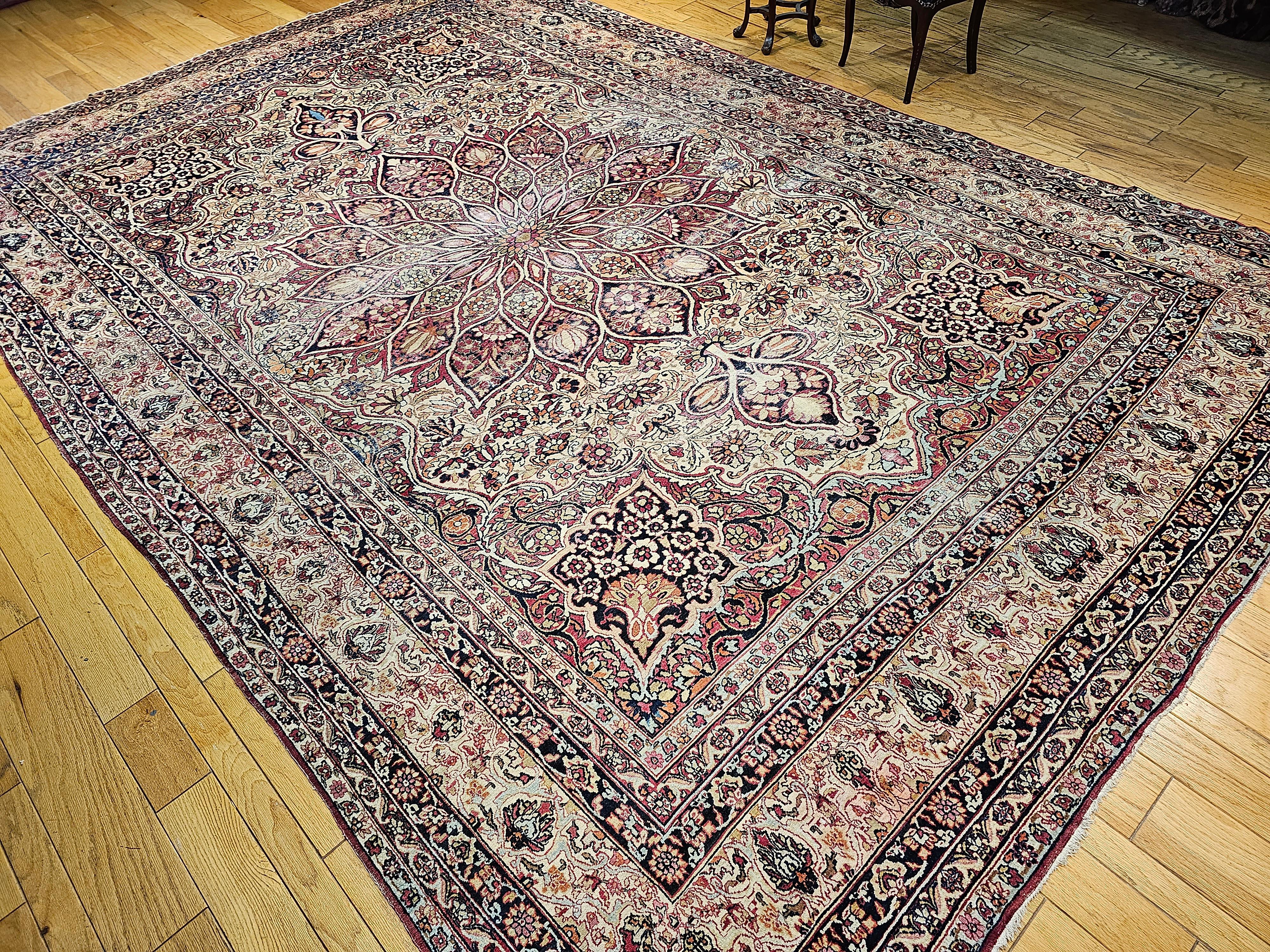 19th Century Oversize Persian Kerman Lavar in Ivory, Red, Pink, Blue, Green For Sale 8