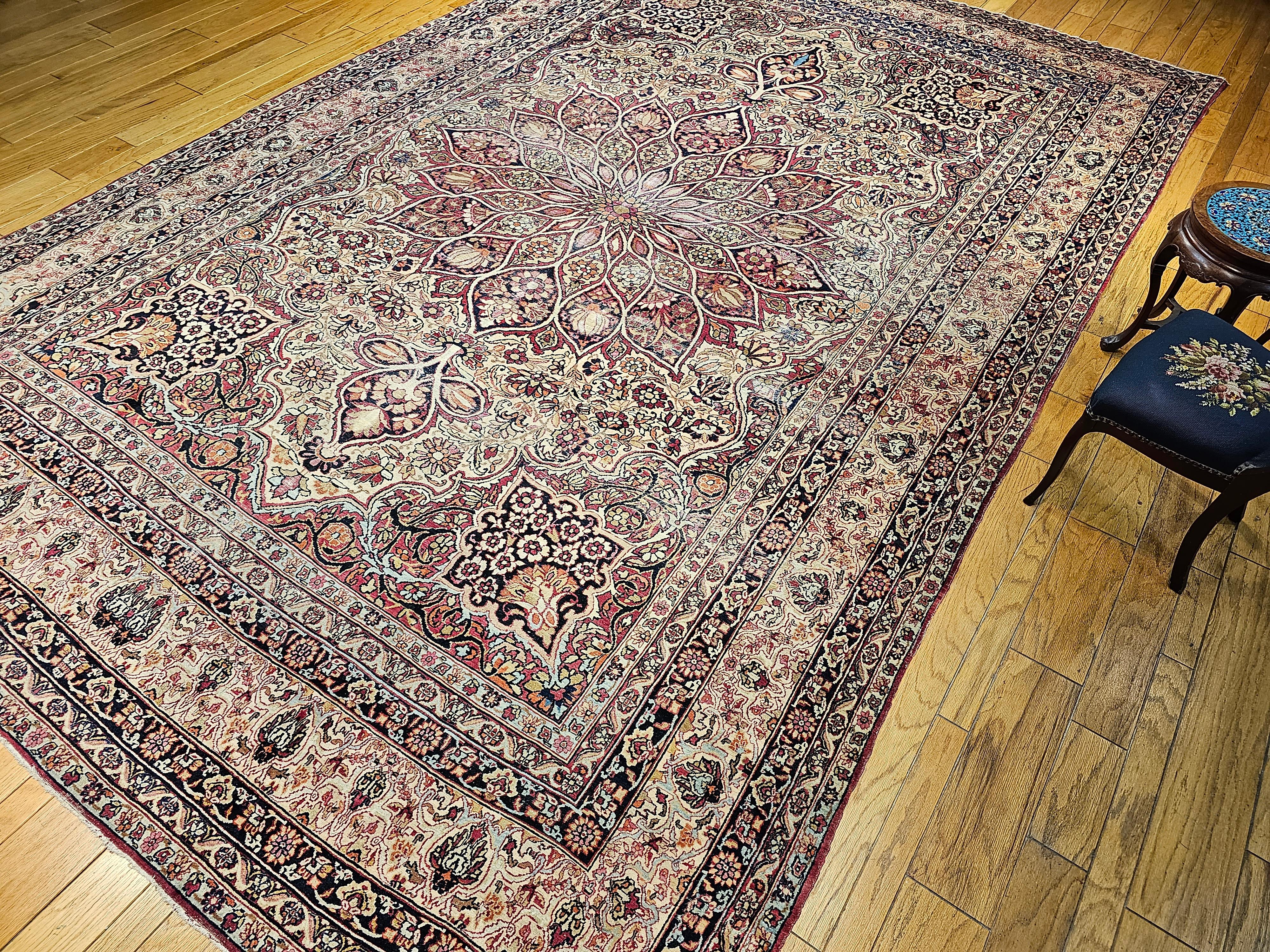 19th Century Oversize Persian Kerman Lavar in Ivory, Red, Pink, Blue, Green For Sale 9