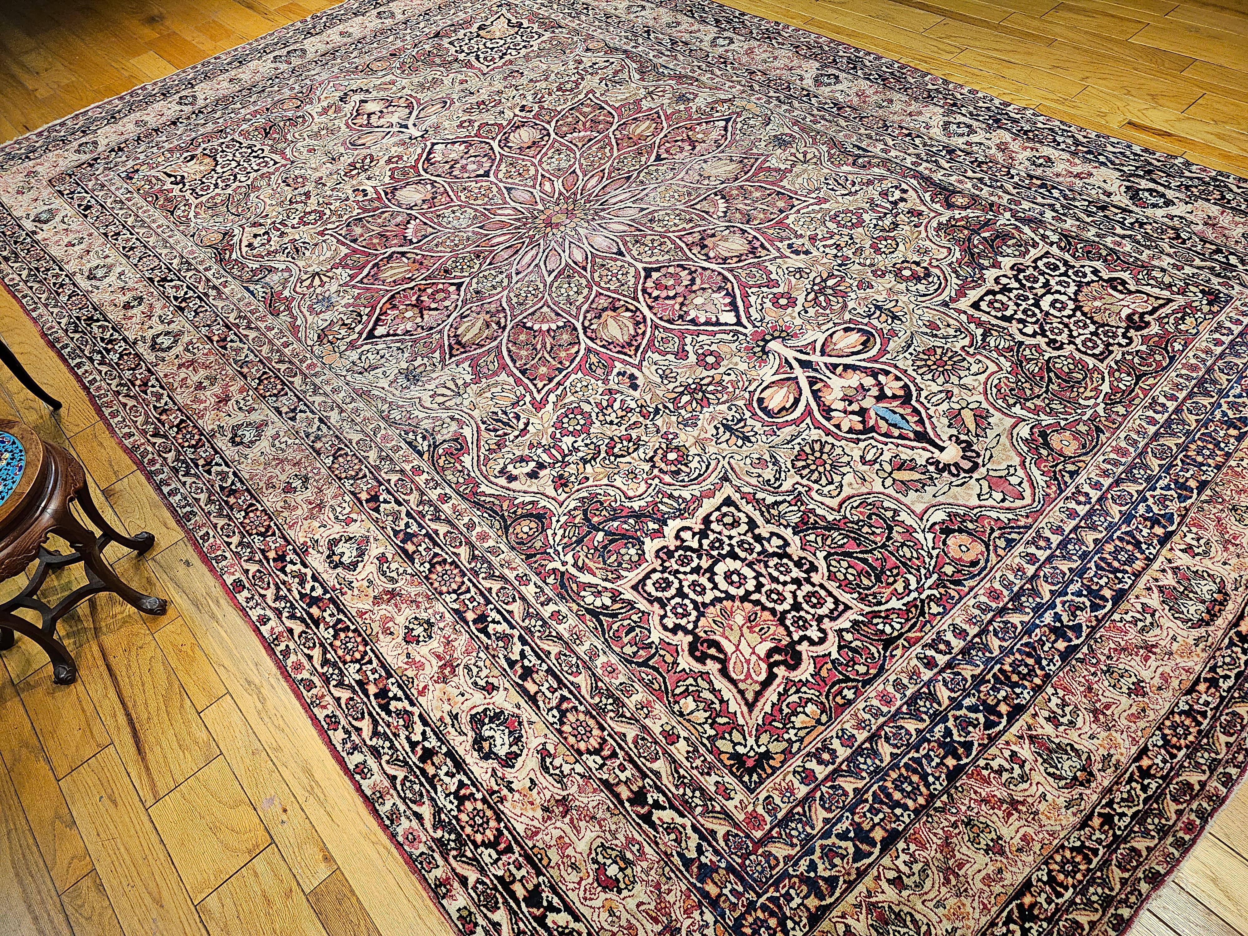 19th Century Oversize Persian Kerman Lavar in Ivory, Red, Pink, Blue, Green For Sale 10