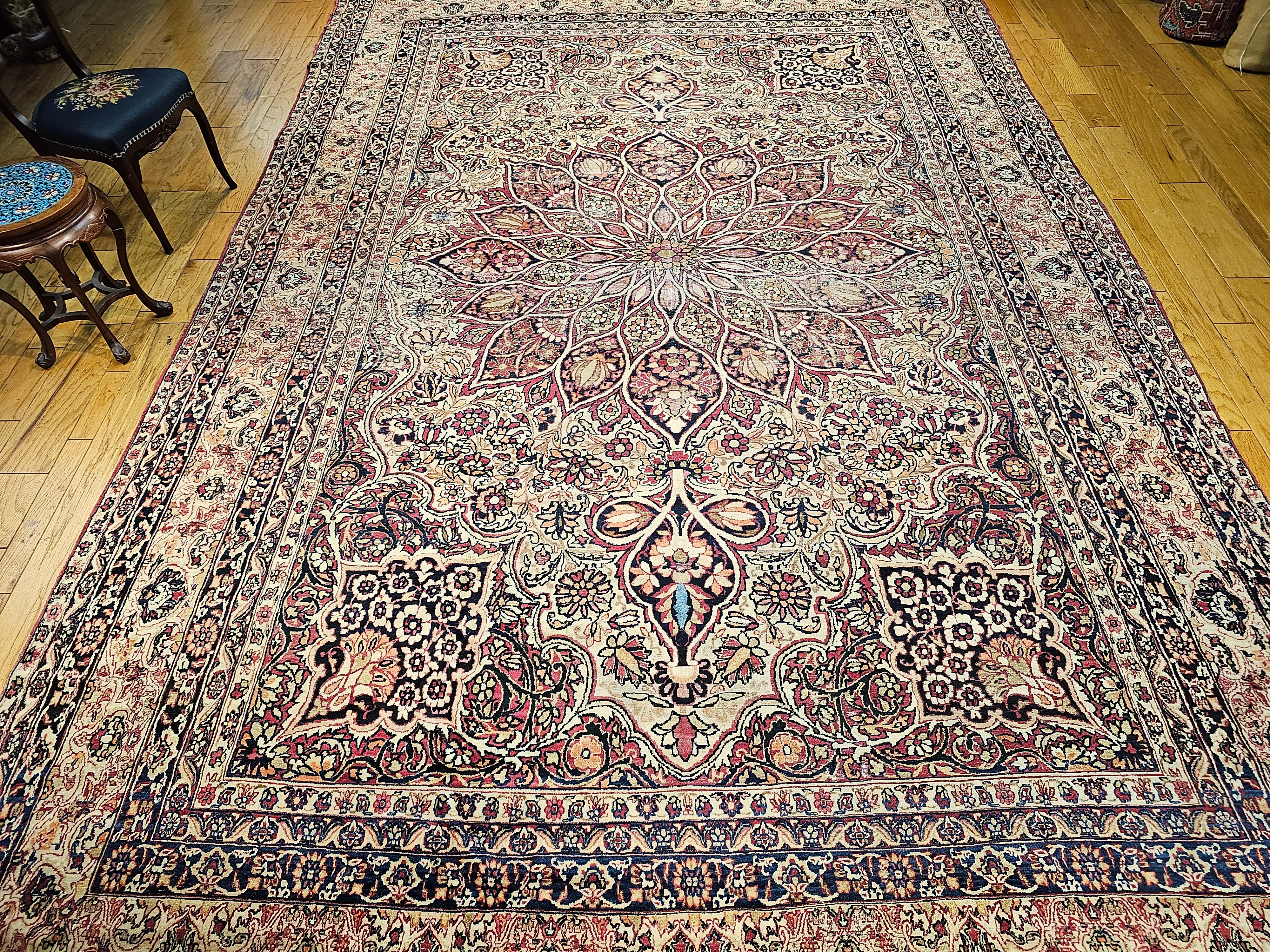 19th Century Oversize Persian Kerman Lavar in Ivory, Red, Pink, Blue, Green For Sale 11
