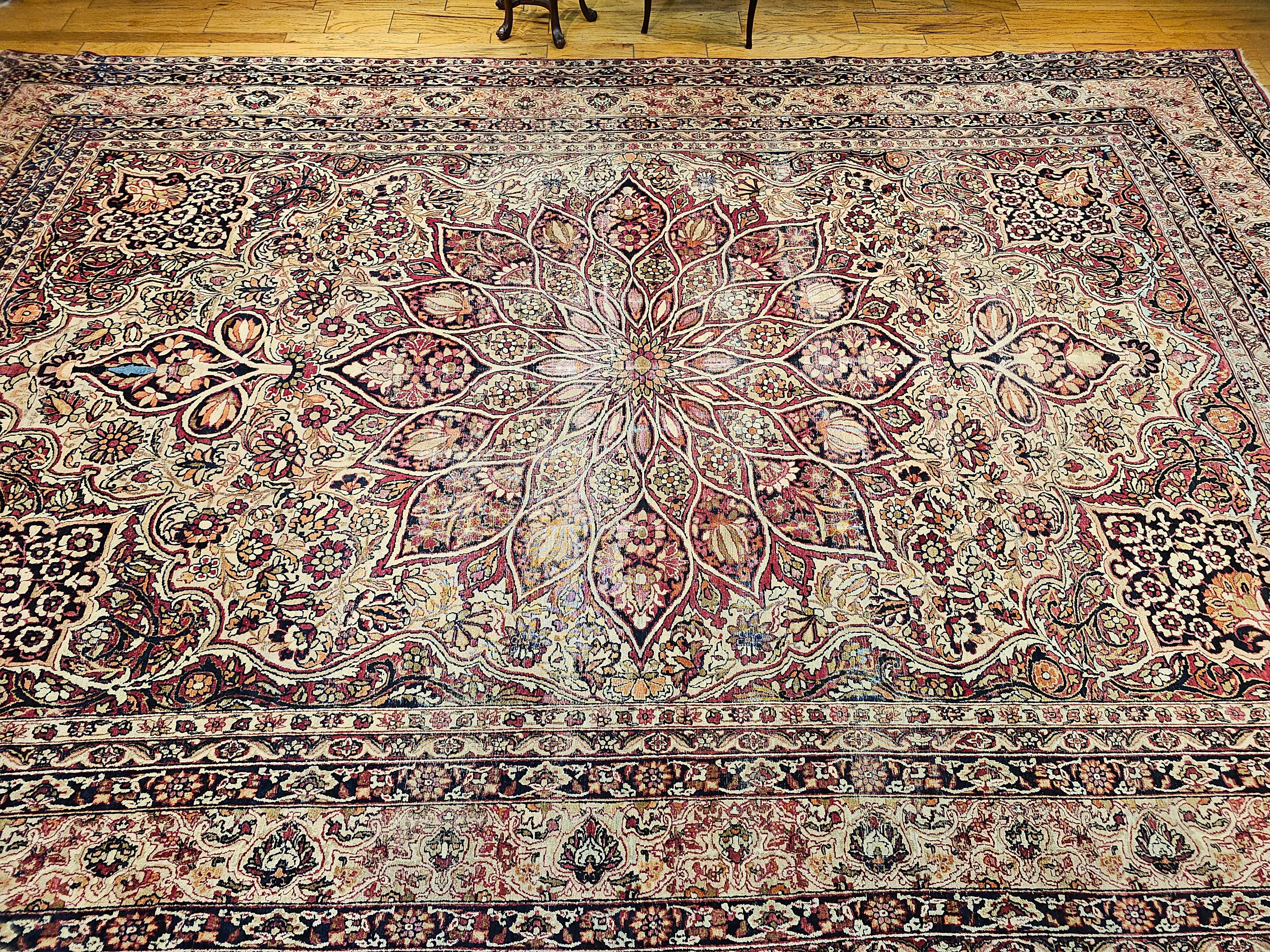 19th Century Oversize Persian Kerman Lavar in Ivory, Red, Pink, Blue, Green For Sale 13