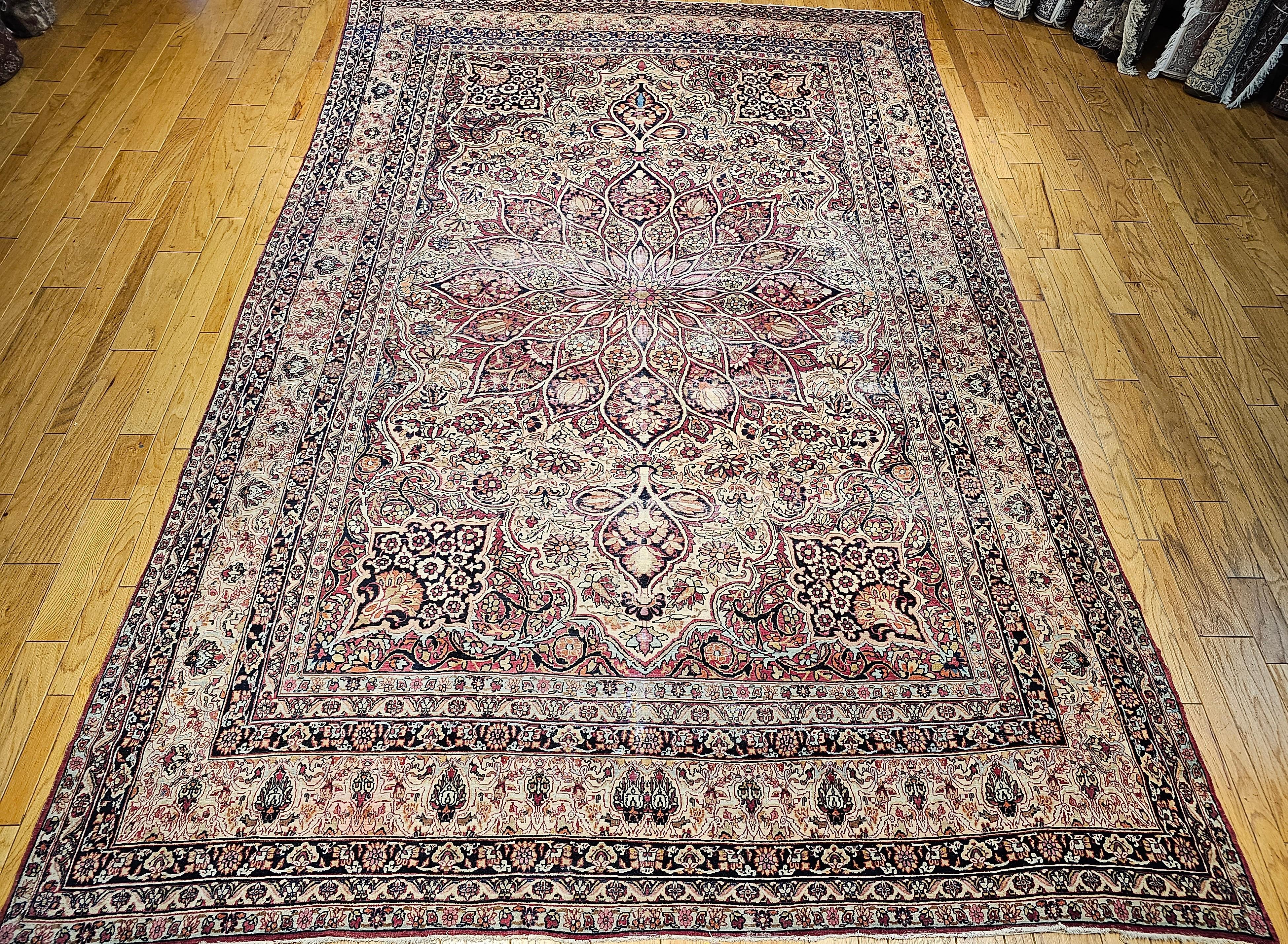 19th Century Oversize Persian Kerman Lavar in Ivory, Red, Pink, Blue, Green For Sale 14