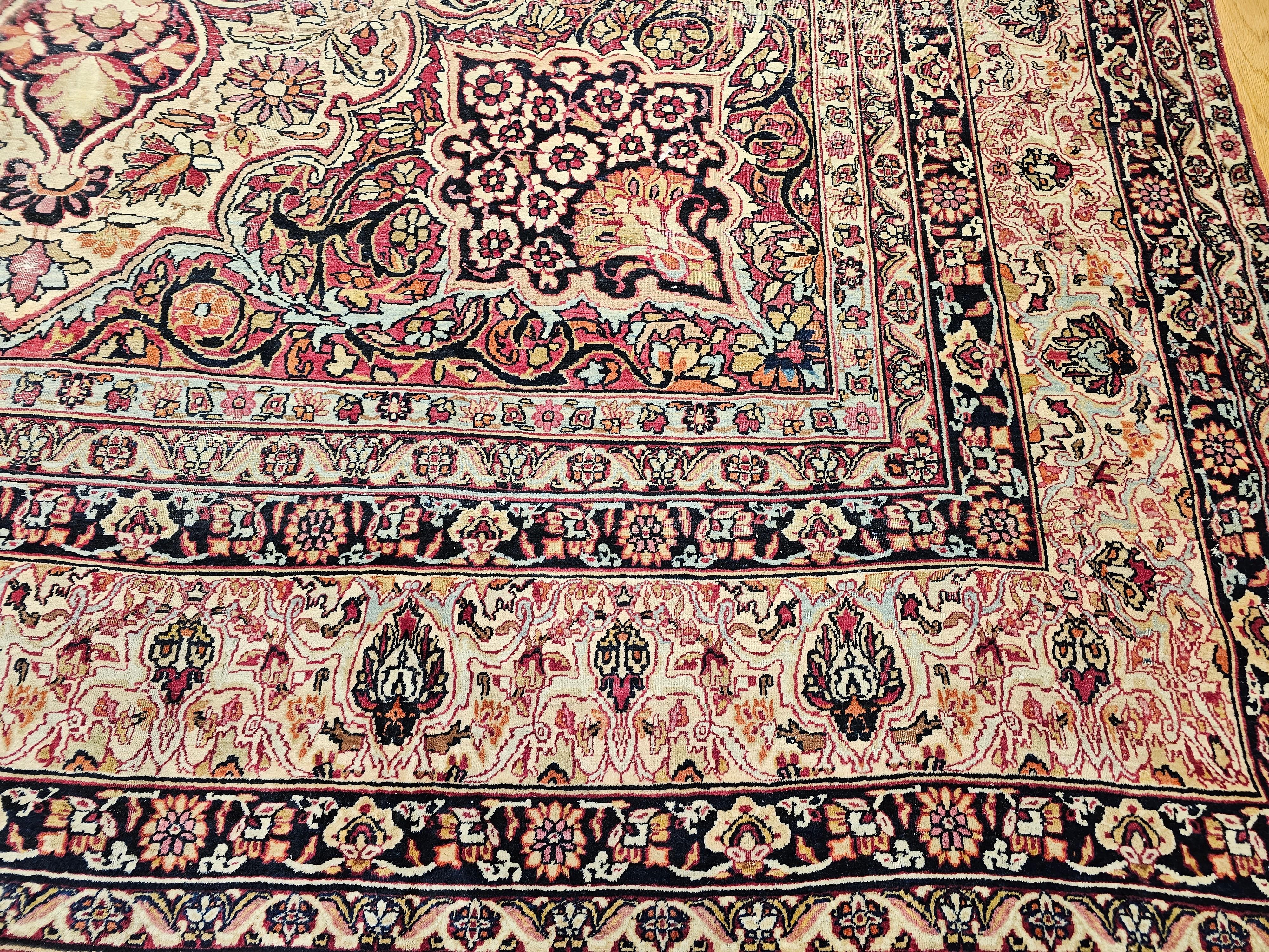 19th Century Oversize Persian Kerman Lavar in Ivory, Red, Pink, Blue, Green For Sale 1