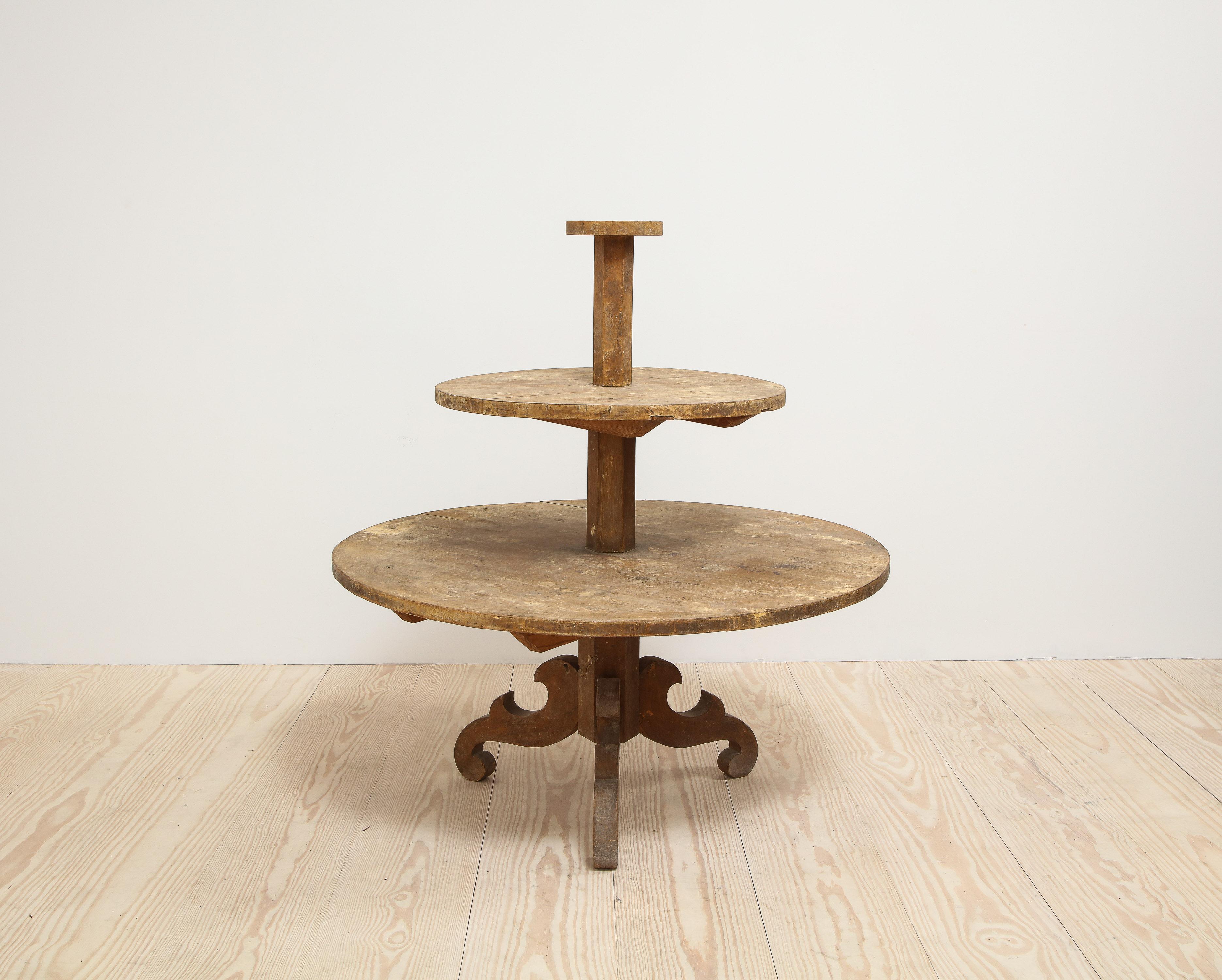 Exceptional, Swedish, 19th century, allmoge oversized round étagère or plant stand with wonderfully hand-carved base, origin: Sweden, circa 1820 - 1840