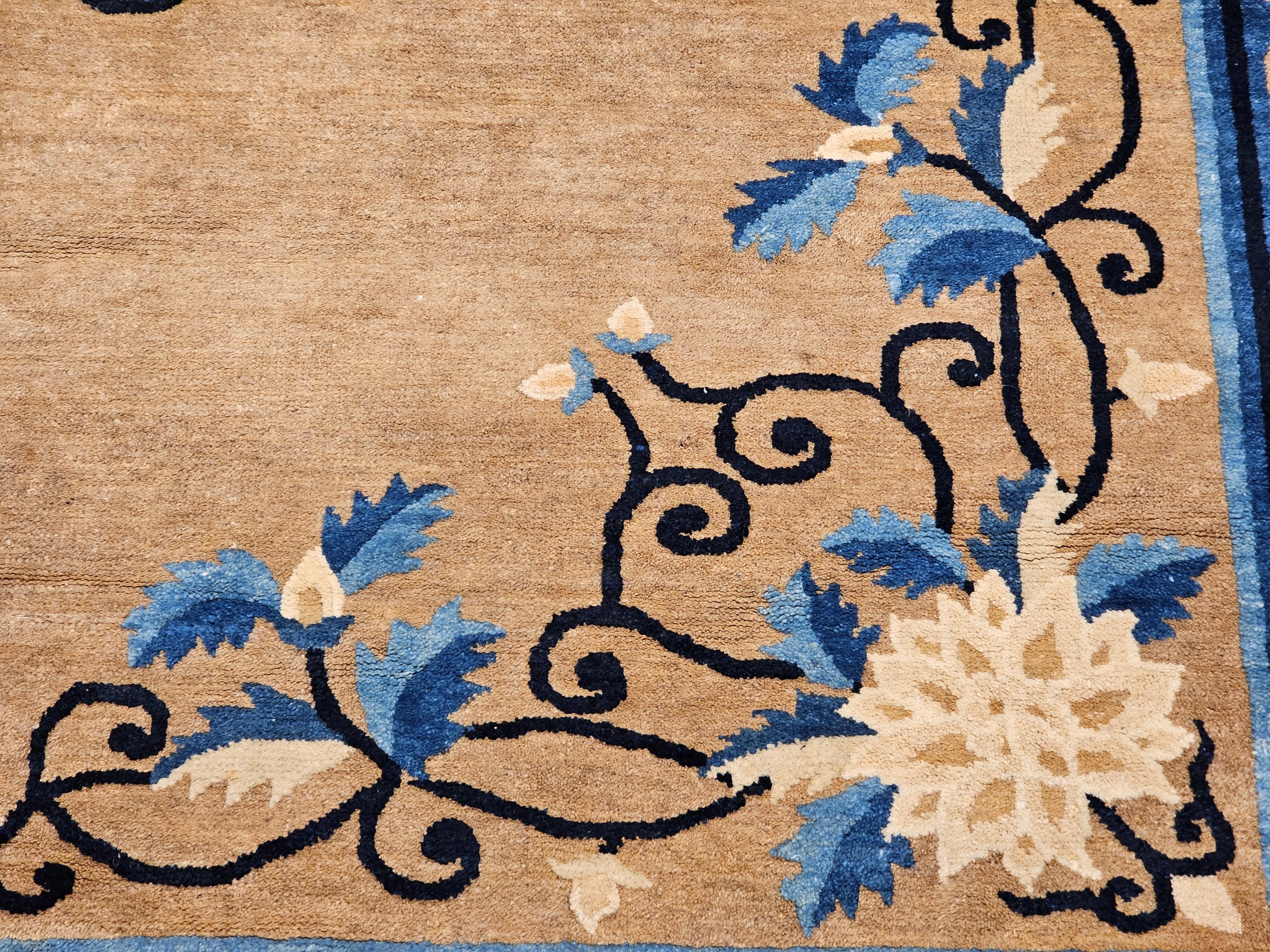 19th Century Oversized Chinese Peking Rug in Tan Field with Navy & French Blue For Sale 5