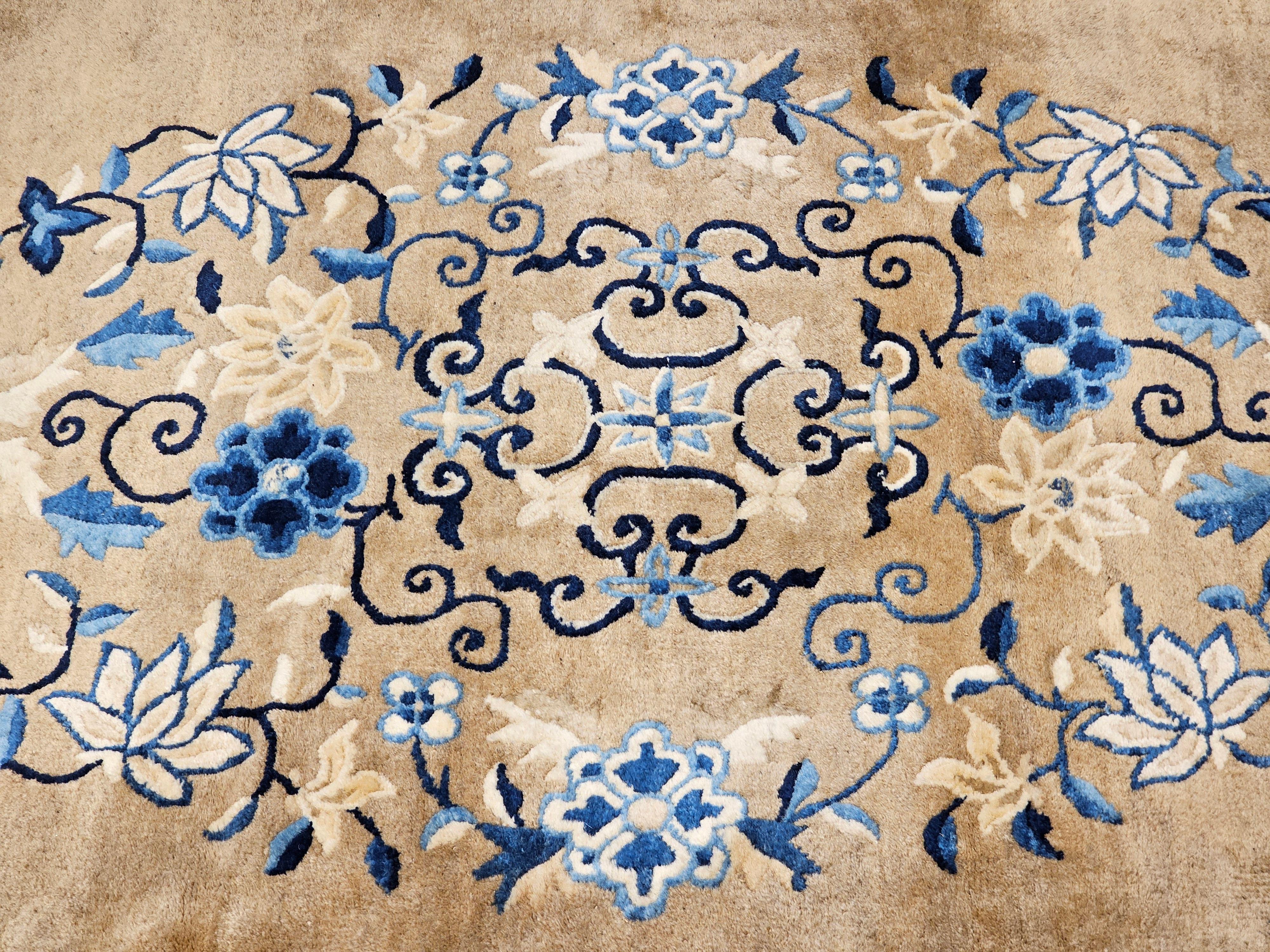 19th Century Oversized Chinese Peking Rug in Tan Field with Navy & French Blue For Sale 6