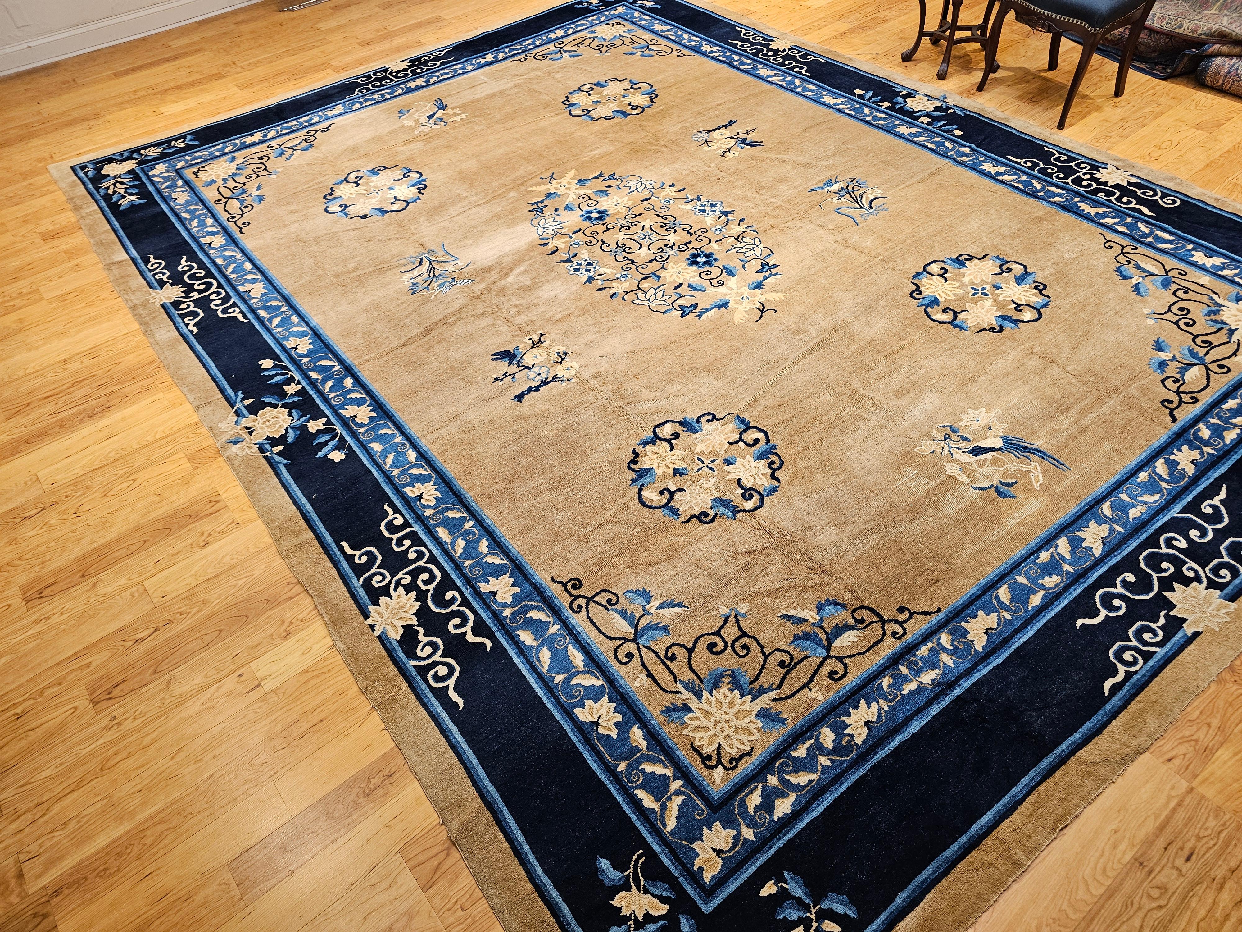 19th Century Oversized Chinese Peking Rug in Tan Field with Navy & French Blue For Sale 7