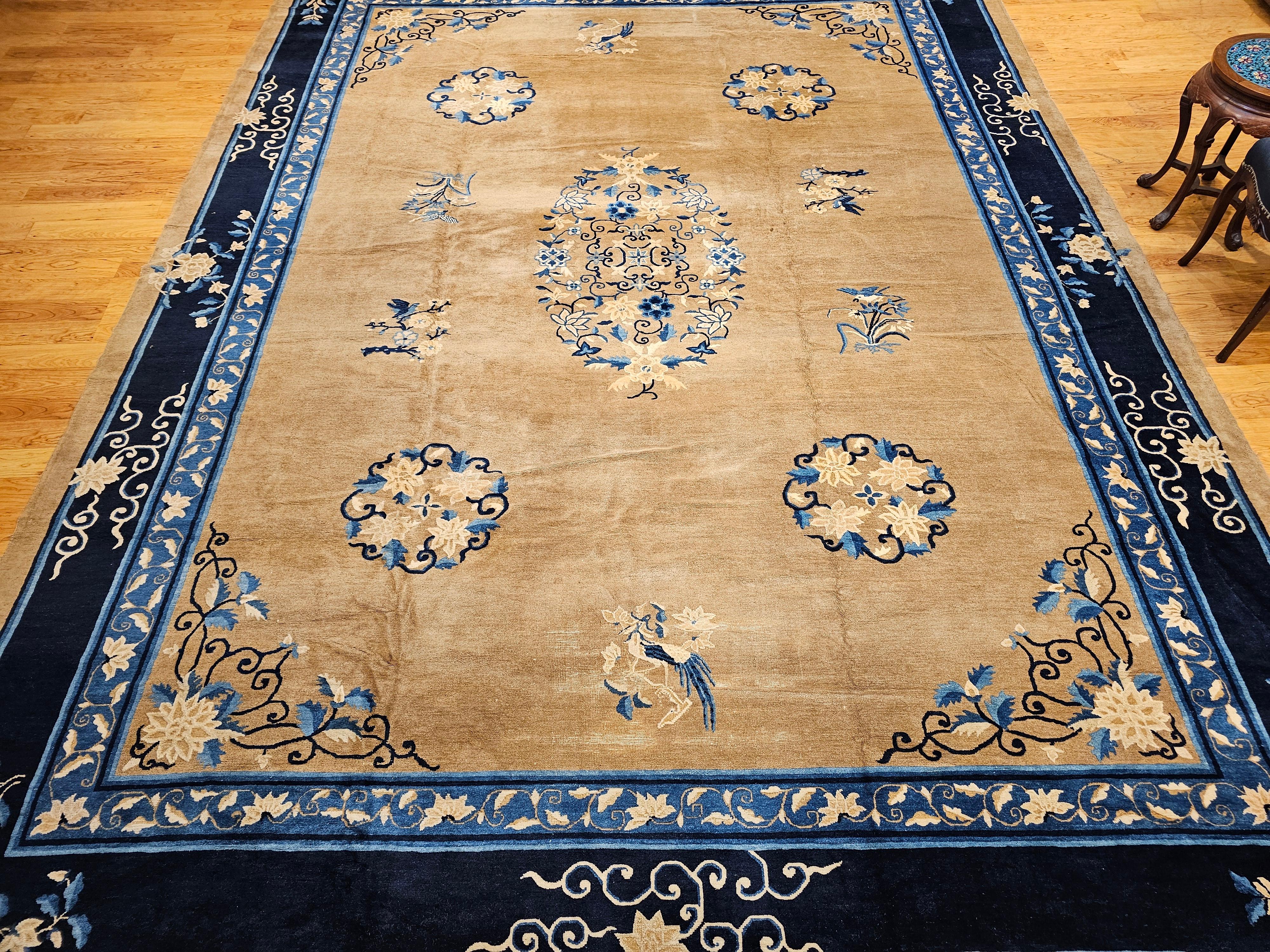 19th Century Oversized Chinese Peking Rug in Tan Field with Navy & French Blue For Sale 8