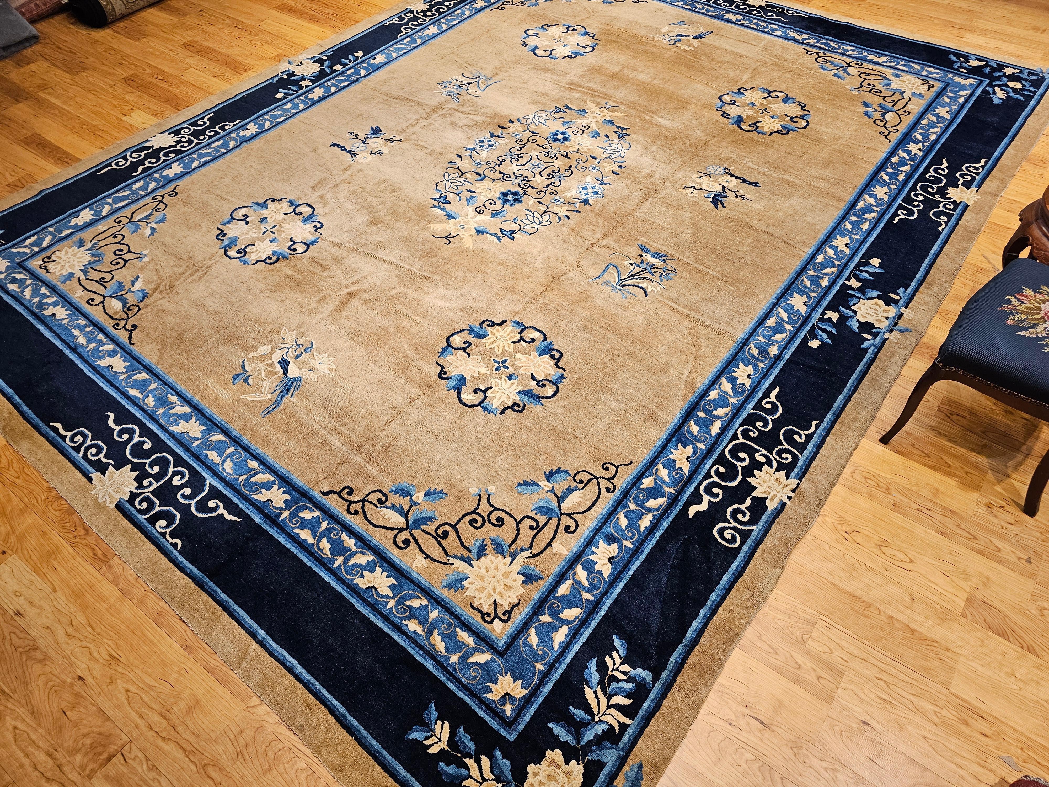 19th Century Oversized Chinese Peking Rug in Tan Field with Navy & French Blue For Sale 9