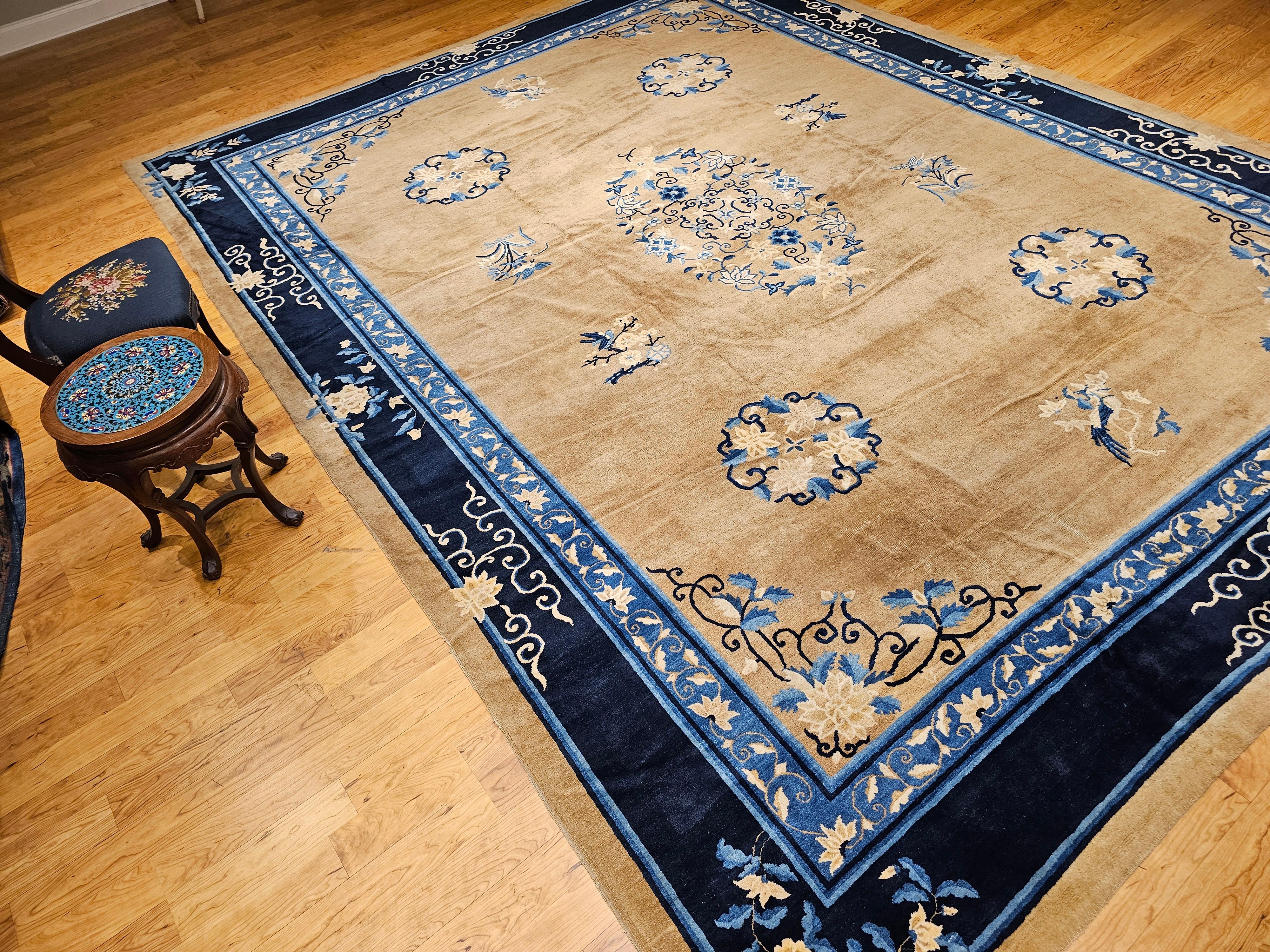 19th Century Oversized Chinese Peking Rug in Tan Field with Navy & French Blue For Sale 12