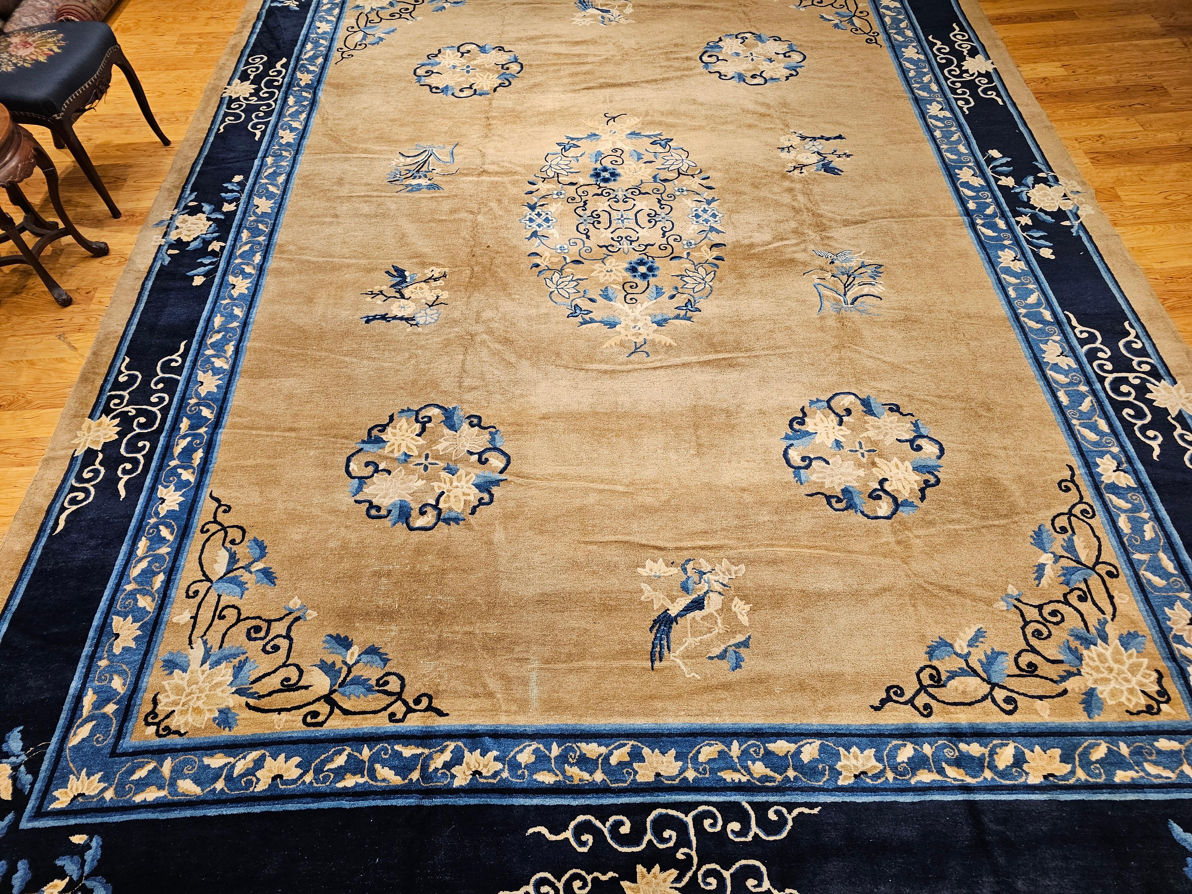 19th Century Oversized Chinese Peking Rug in Tan Field with Navy & French Blue For Sale 10