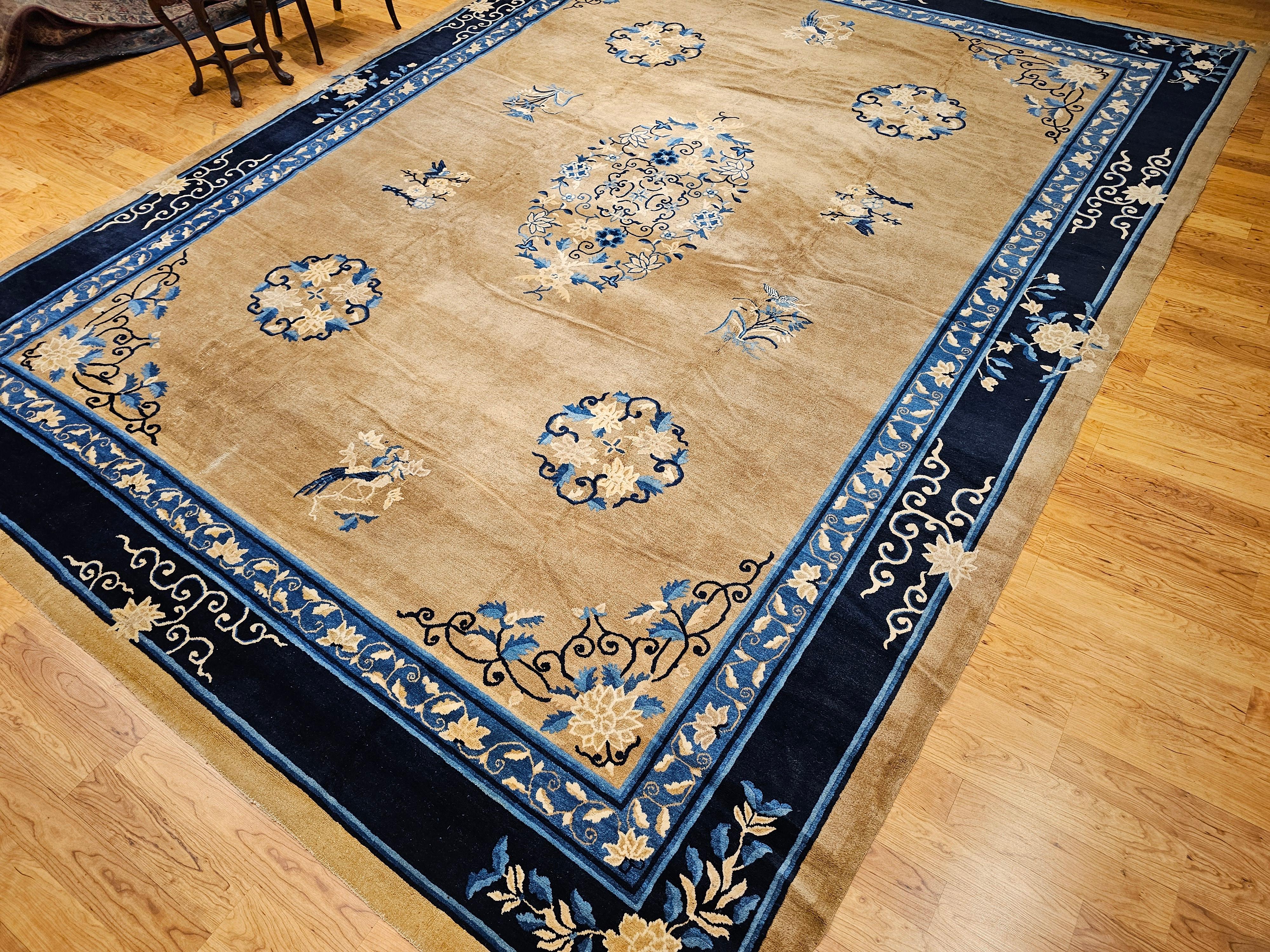 19th Century Oversized Chinese Peking Rug in Tan Field with Navy & French Blue For Sale 14
