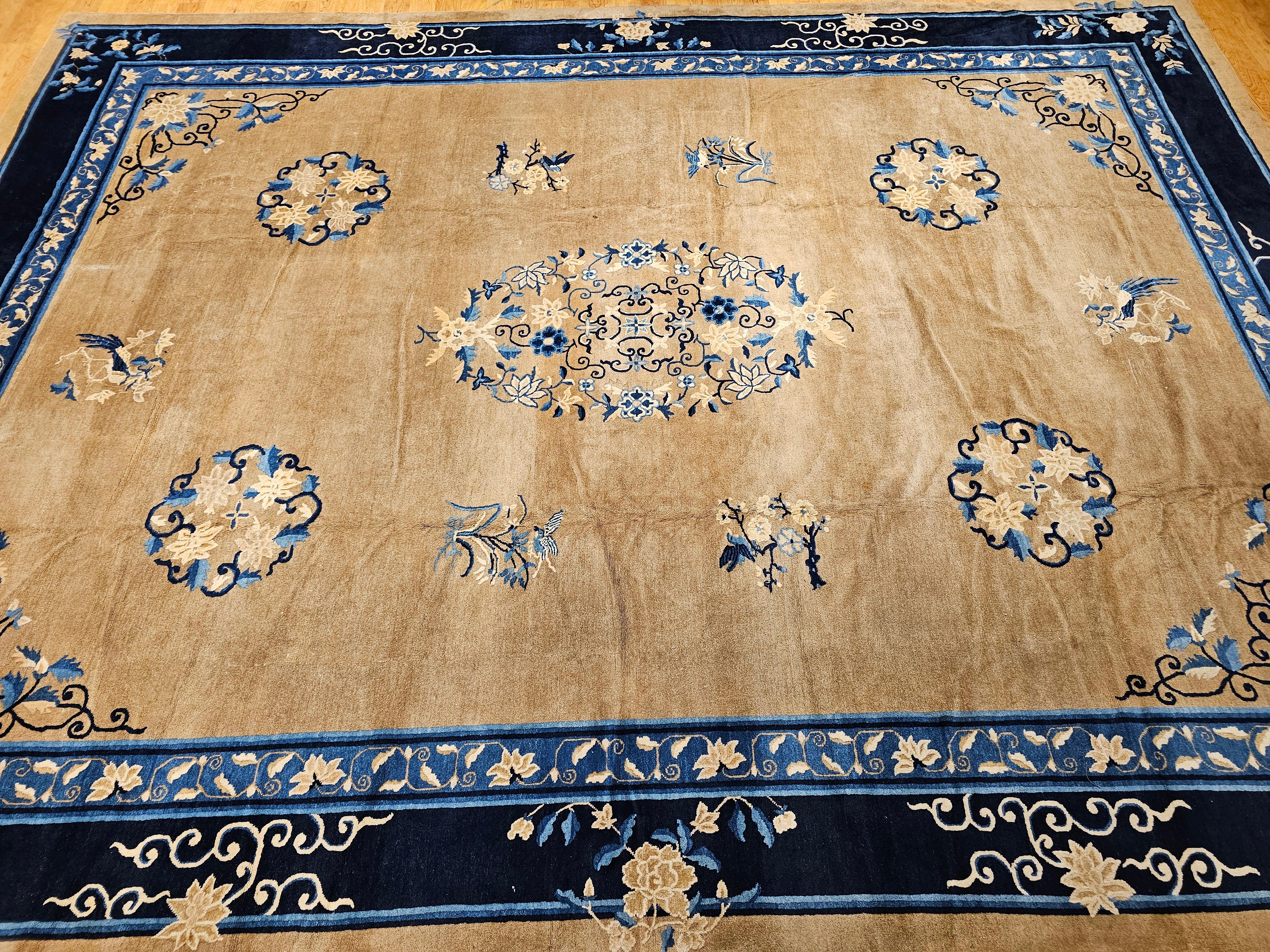 19th Century Oversized Chinese Peking Rug in Tan Field with Navy & French Blue For Sale 11