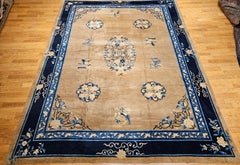 19th Century Oversized Chinese Peking Rug in Tan Field with Navy & French Blue