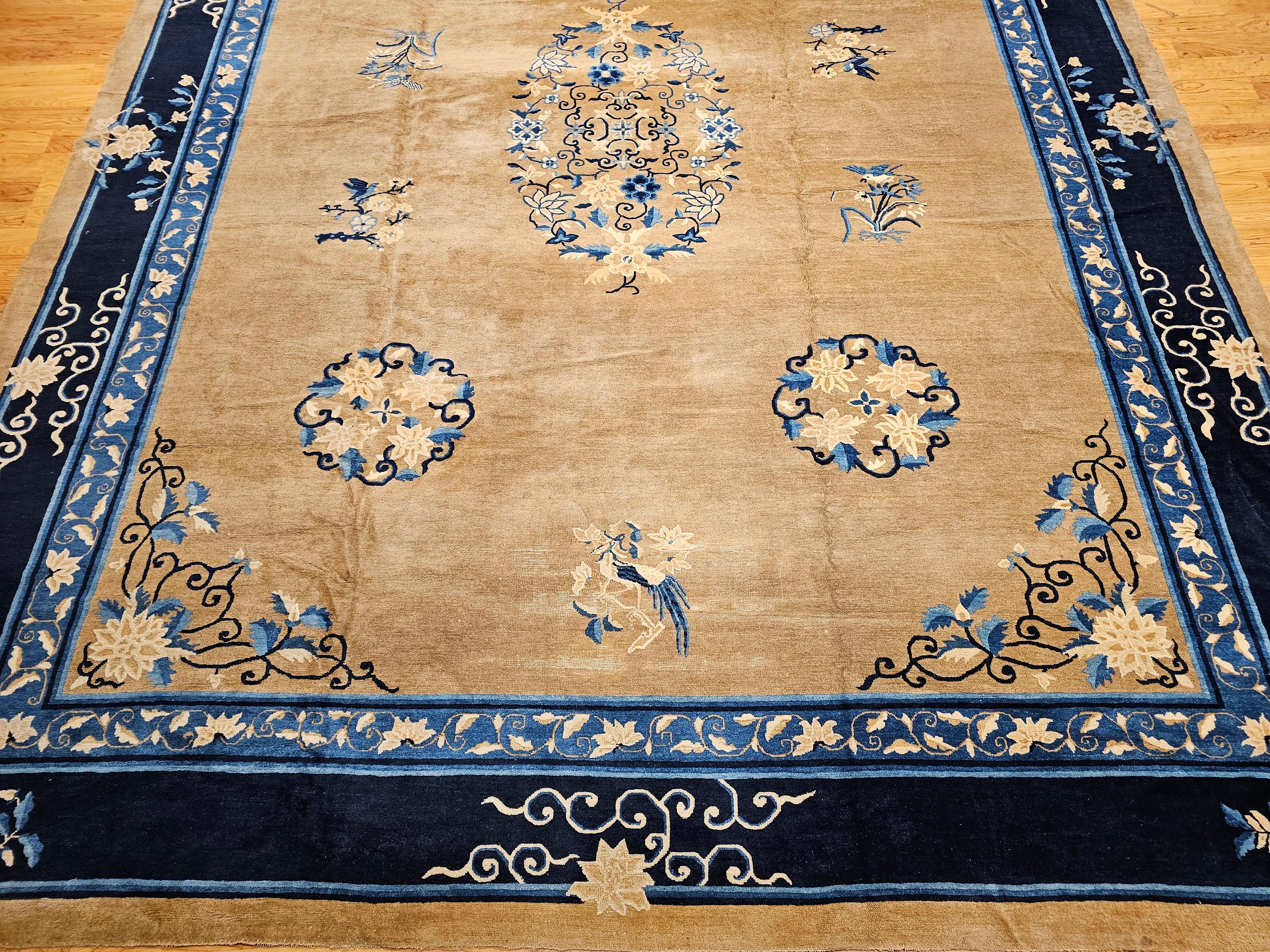 Hand-Woven 19th Century Oversized Chinese Peking Rug in Tan Field with Navy & French Blue For Sale