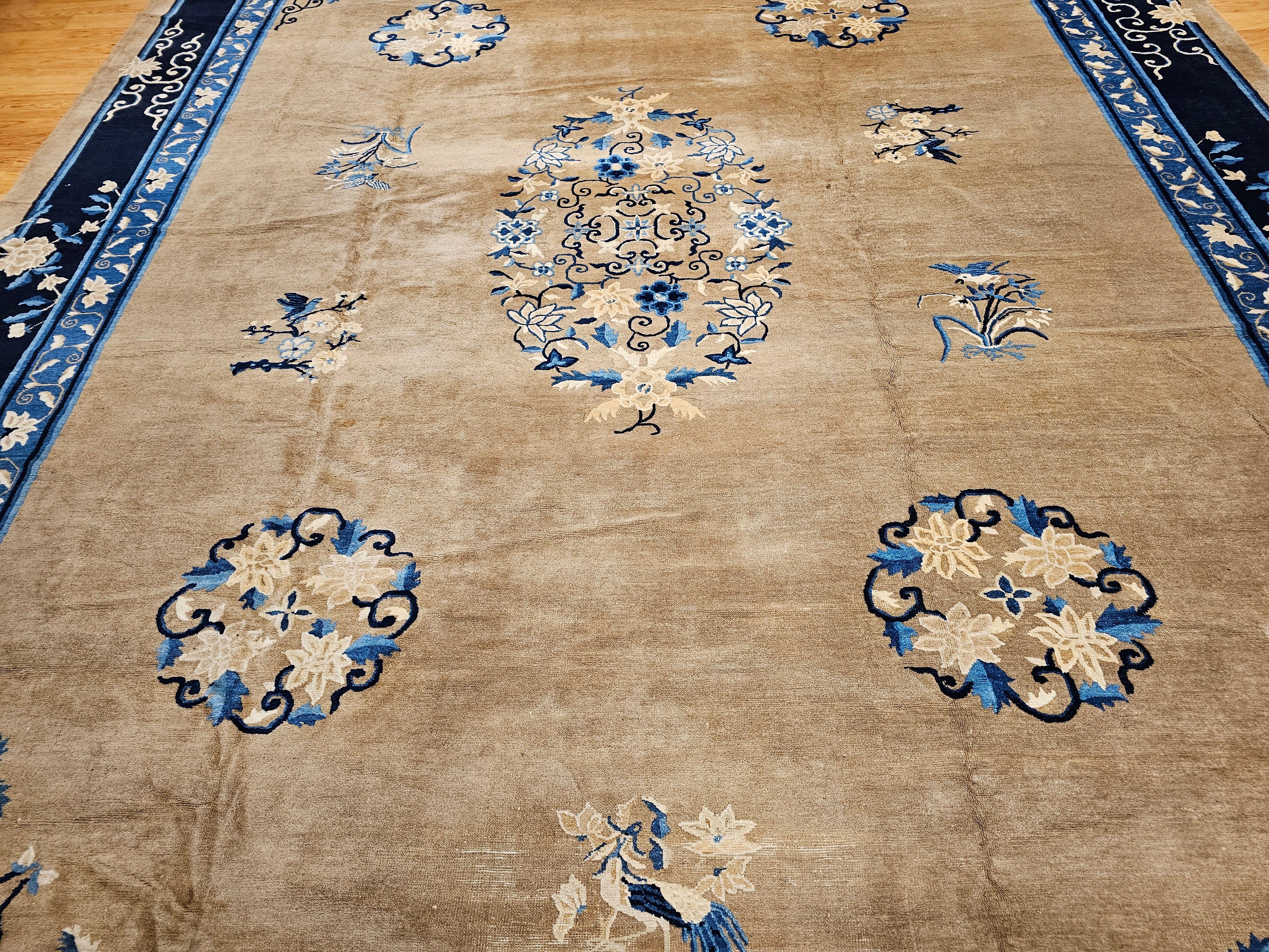 19th Century Oversized Chinese Peking Rug in Tan Field with Navy & French Blue In Good Condition For Sale In Barrington, IL