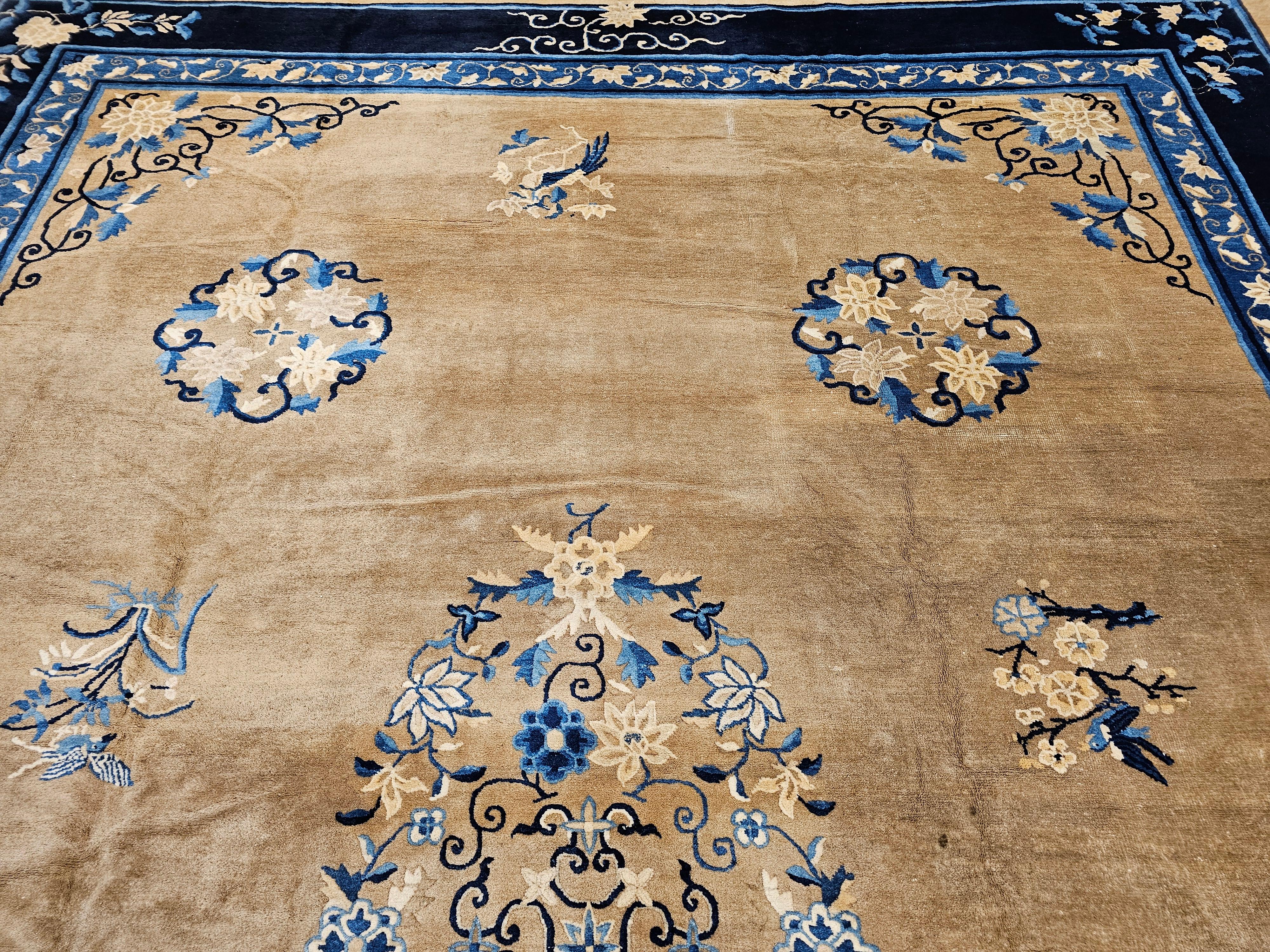 Wool 19th Century Oversized Chinese Peking Rug in Tan Field with Navy & French Blue For Sale