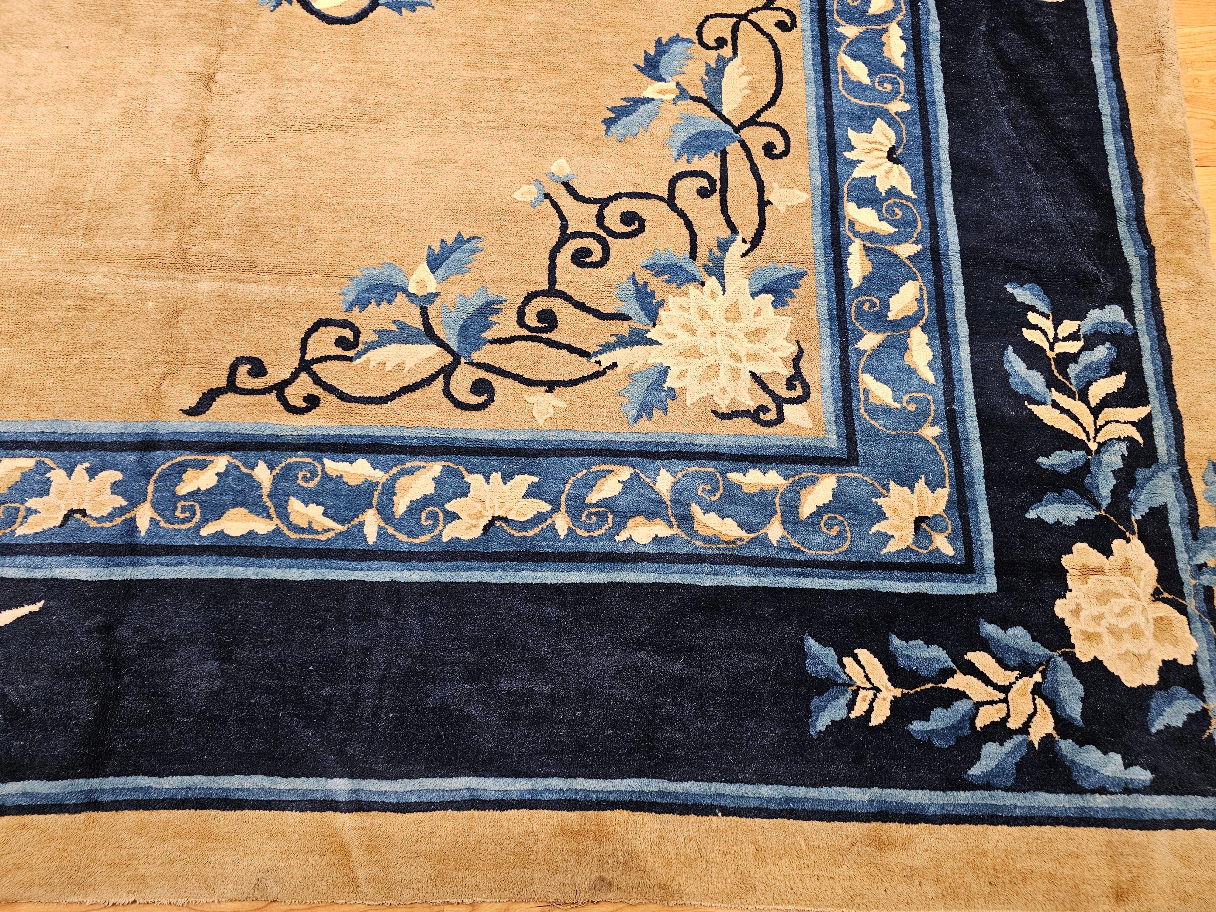 19th Century Oversized Chinese Peking Rug in Tan Field with Navy & French Blue For Sale 1