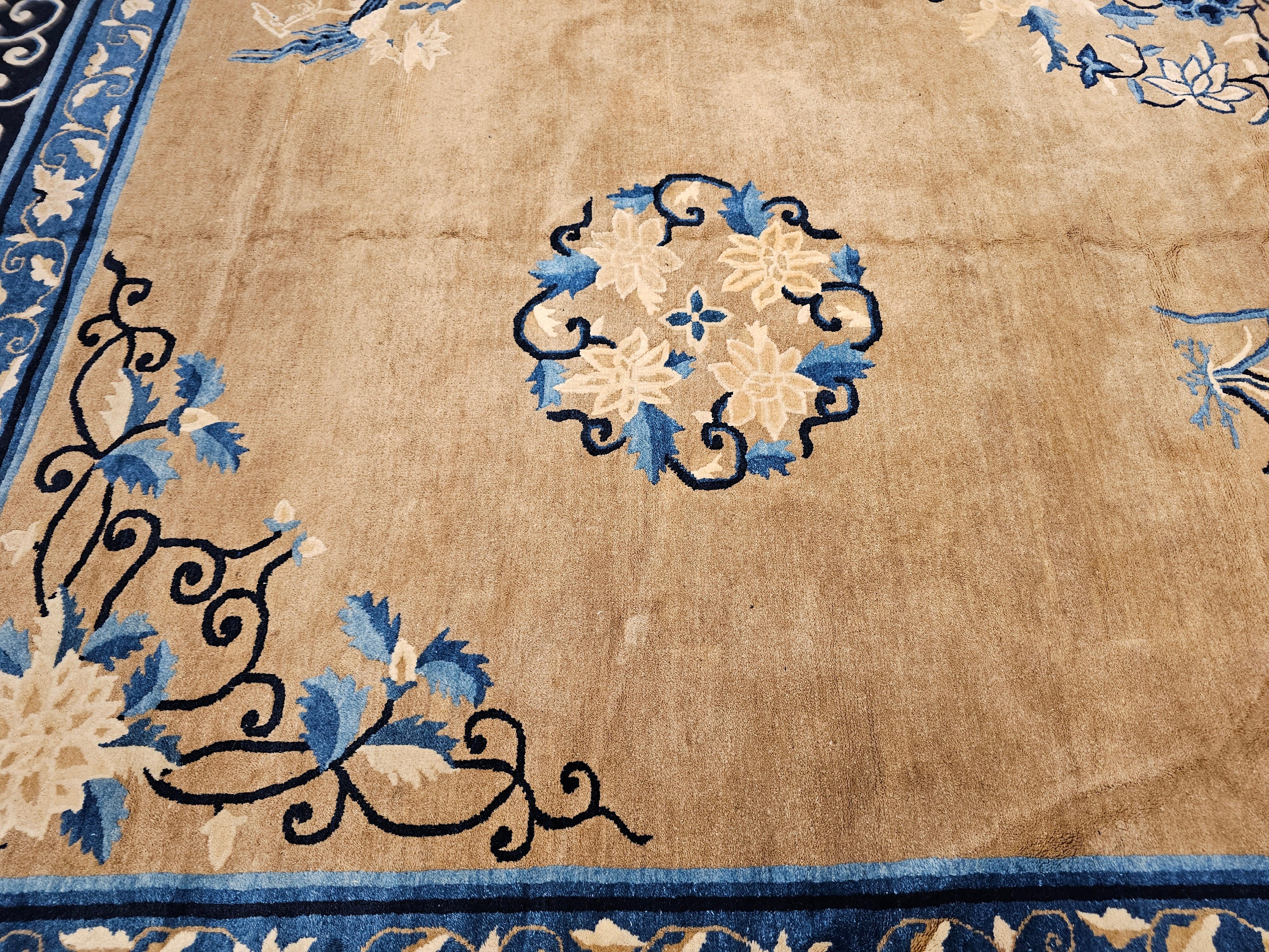 19th Century Oversized Chinese Peking Rug in Tan Field with Navy & French Blue For Sale 2