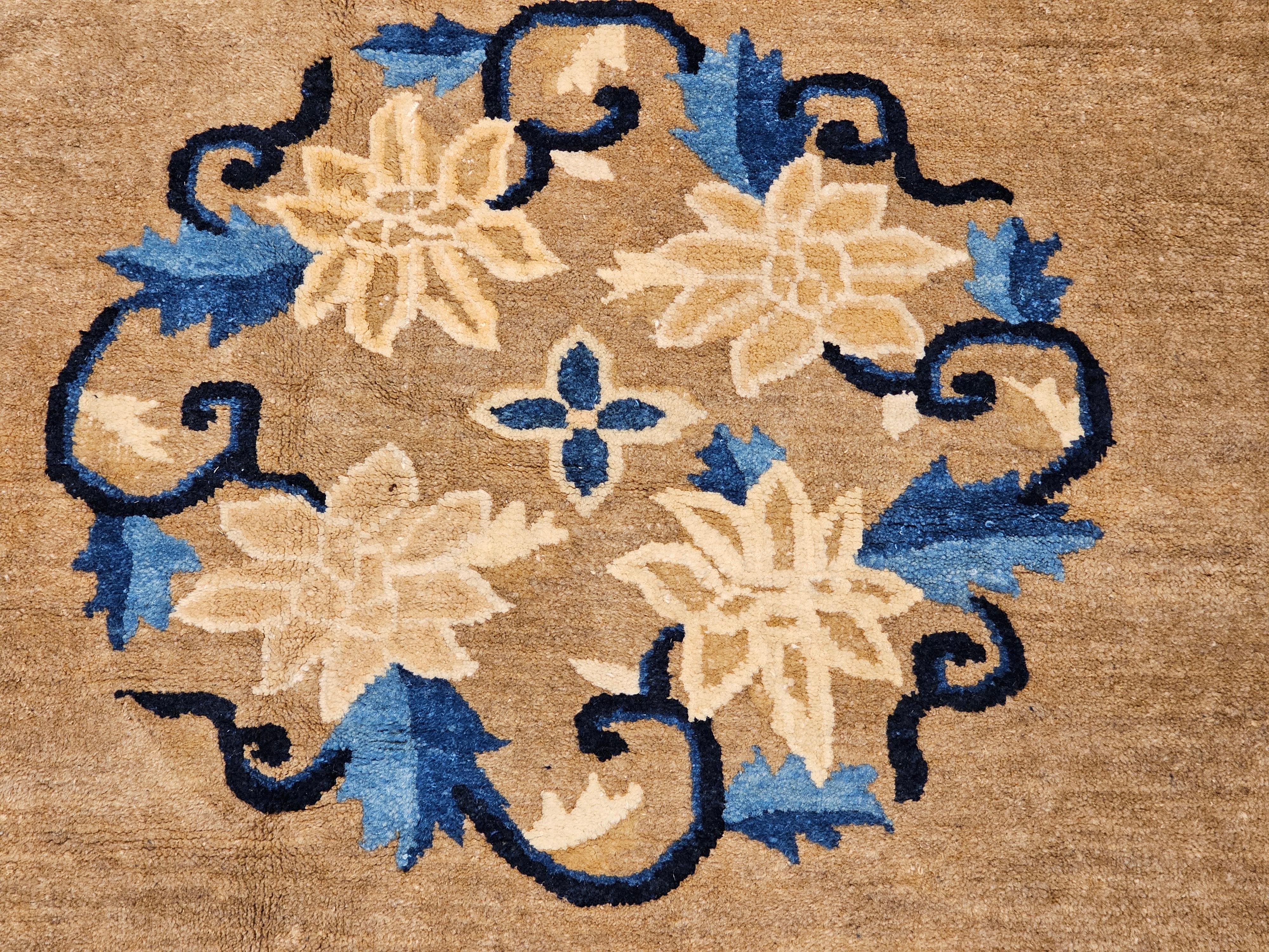 19th Century Oversized Chinese Peking Rug in Tan Field with Navy & French Blue For Sale 4