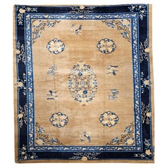 19th Century Oversized Chinese Peking Rug in Tan Field with Navy & French Blue
