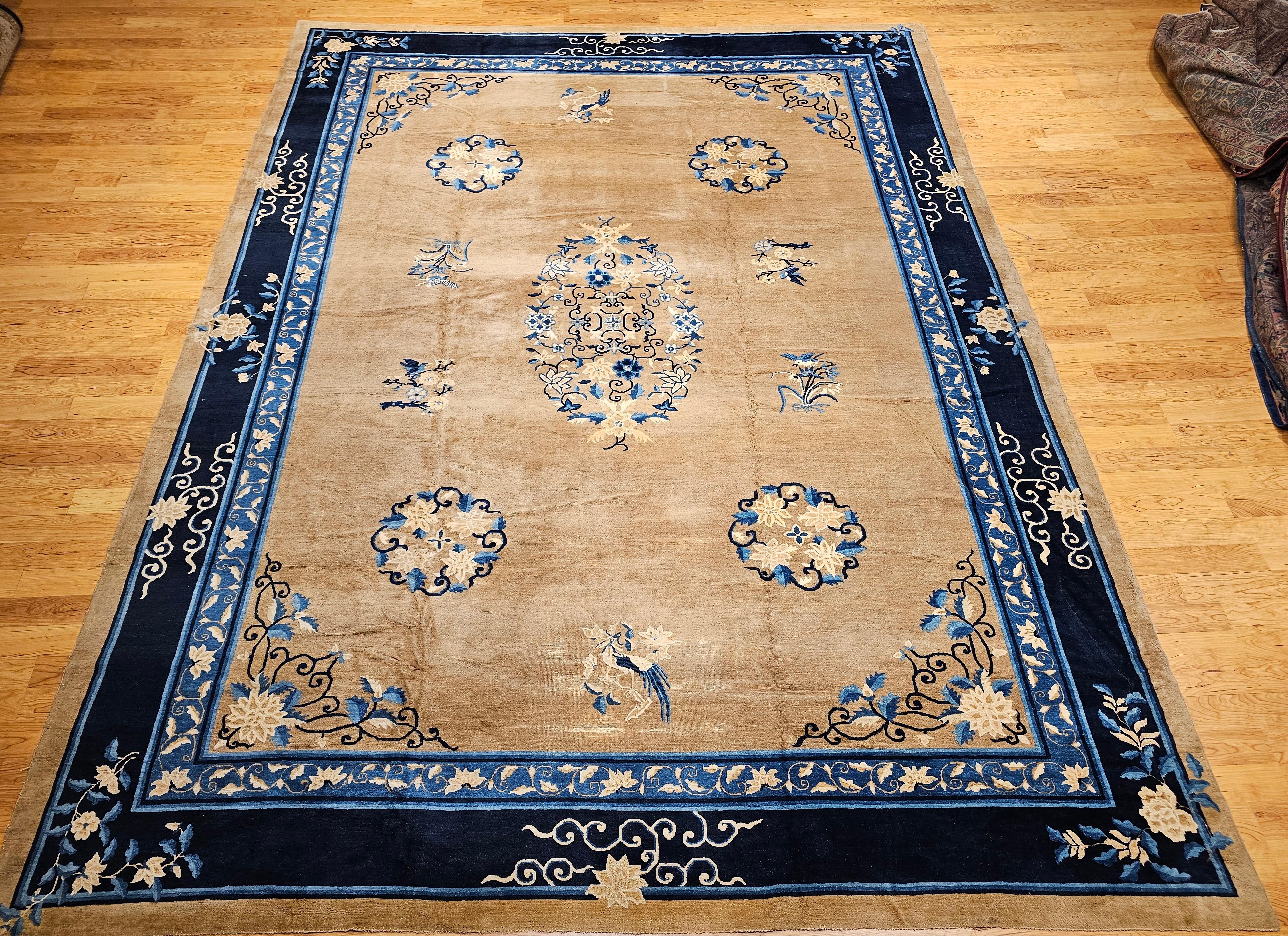 19th Century Oversized Chinese Peking Rug in Tan Field with Navy & French Blue For Sale 15