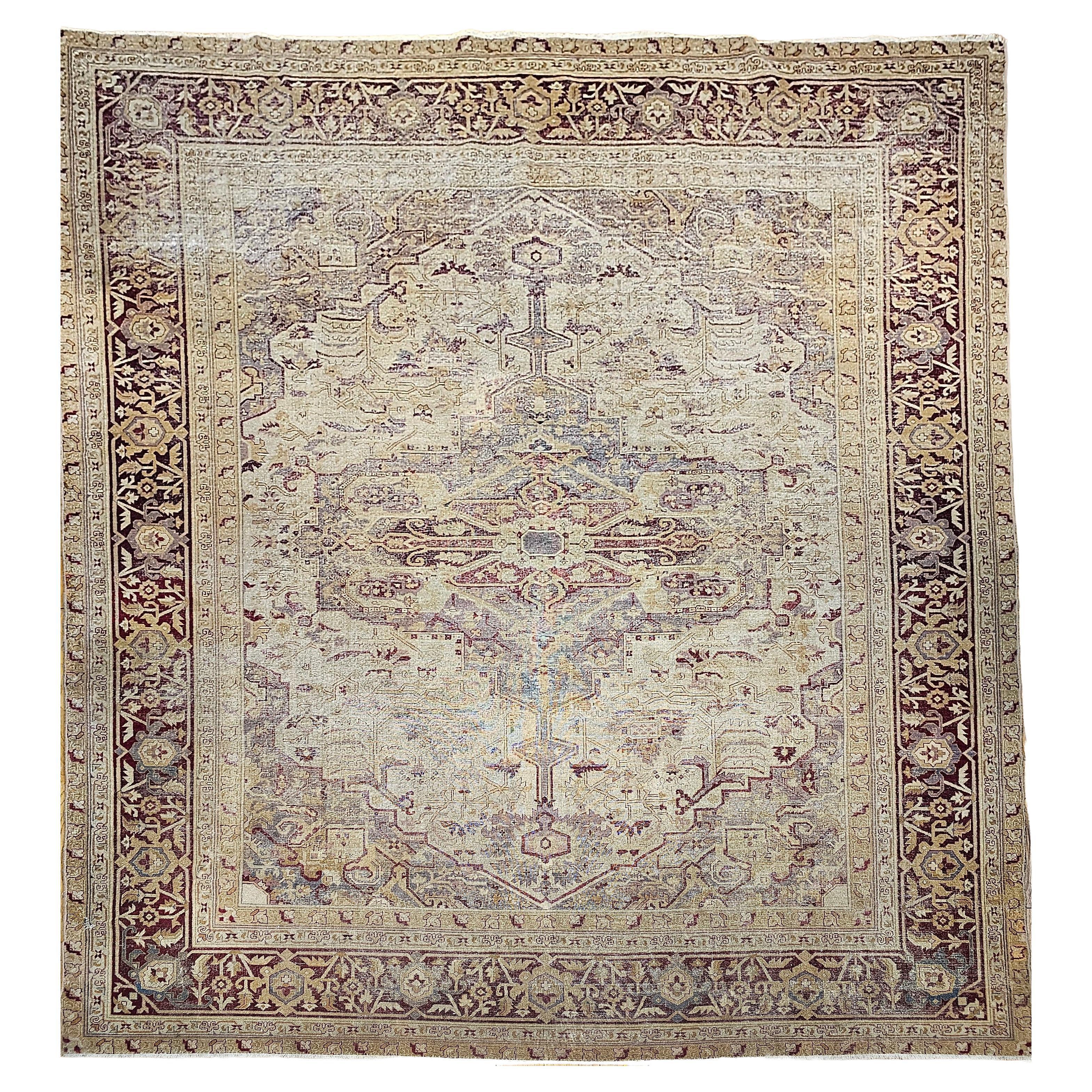 19th Century Oversized Indian Agra in Pale Purple, Gray, Burgundy, Pale Gold
