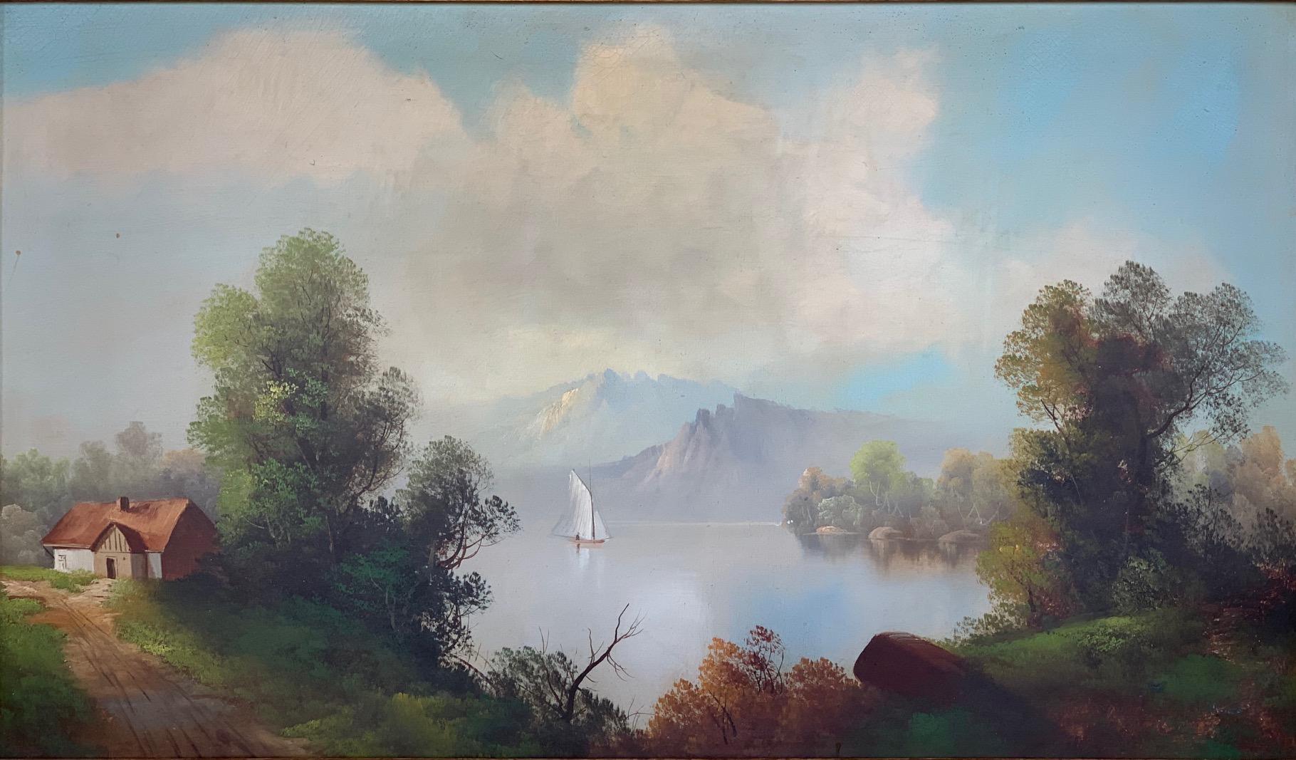 19th century oversized oil on canvas landscape depicting a home in the forest with a mountain range and a body of water with a boat.
Mounted on a wood and gild frame done in American Romanticism.
Measurements of the Canvas: H: 28 in x W: 46.5 in.