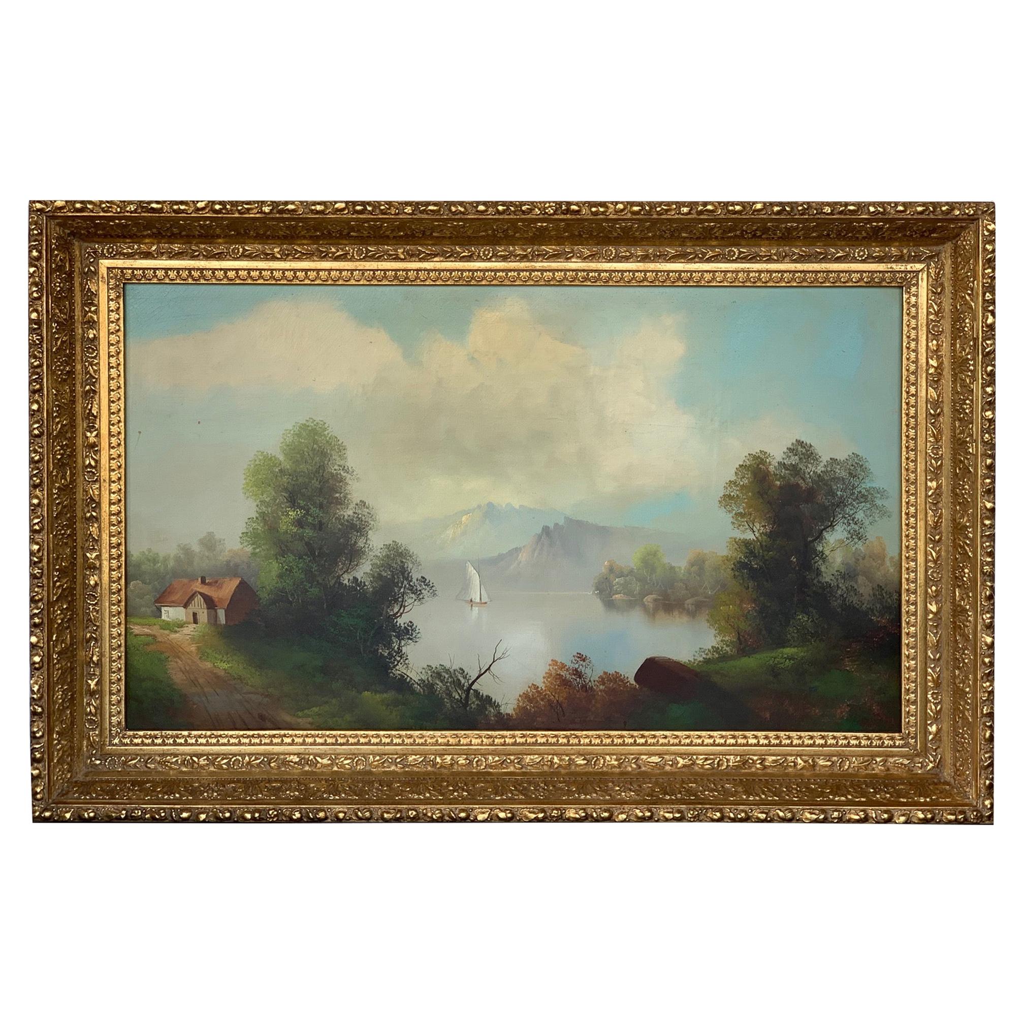 Paysage à l'huile sur toile surdimensionnée du 19e siècle