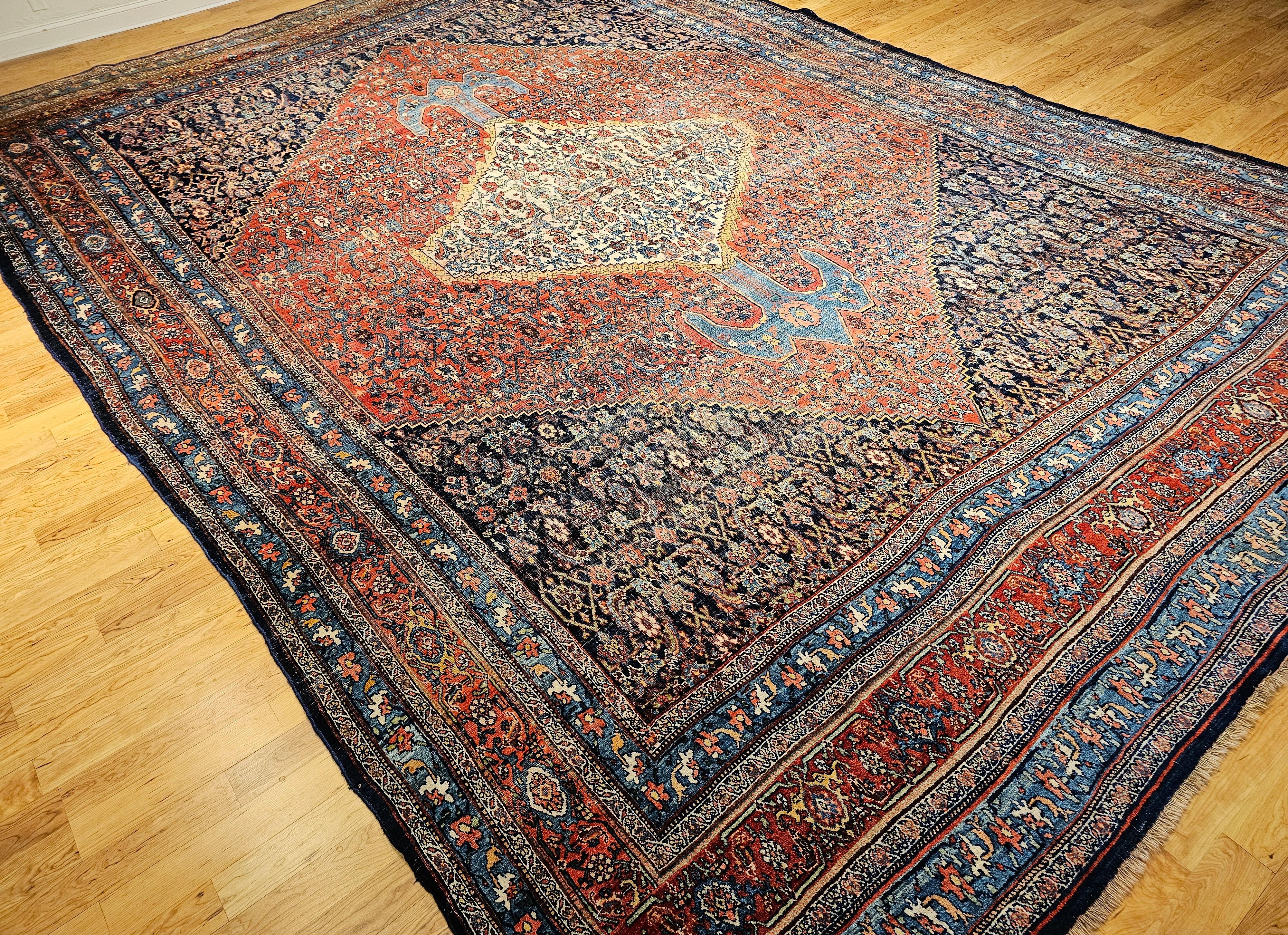 19th Century Oversized Persian Bidjar in red, French Blue, Ivory, Navy, Yellow For Sale 7