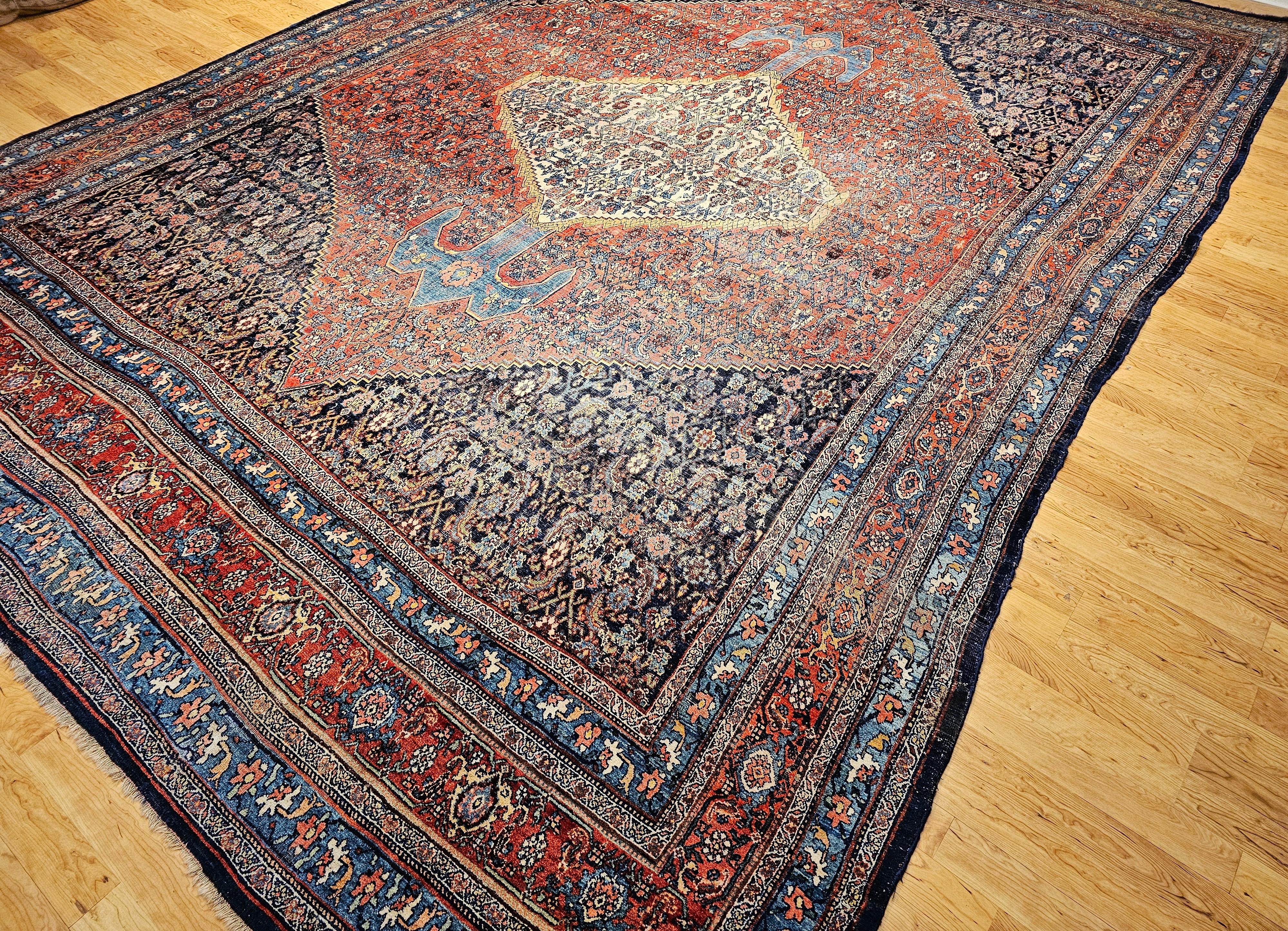 19th Century Oversized Persian Bidjar in red, French Blue, Ivory, Navy, Yellow For Sale 9
