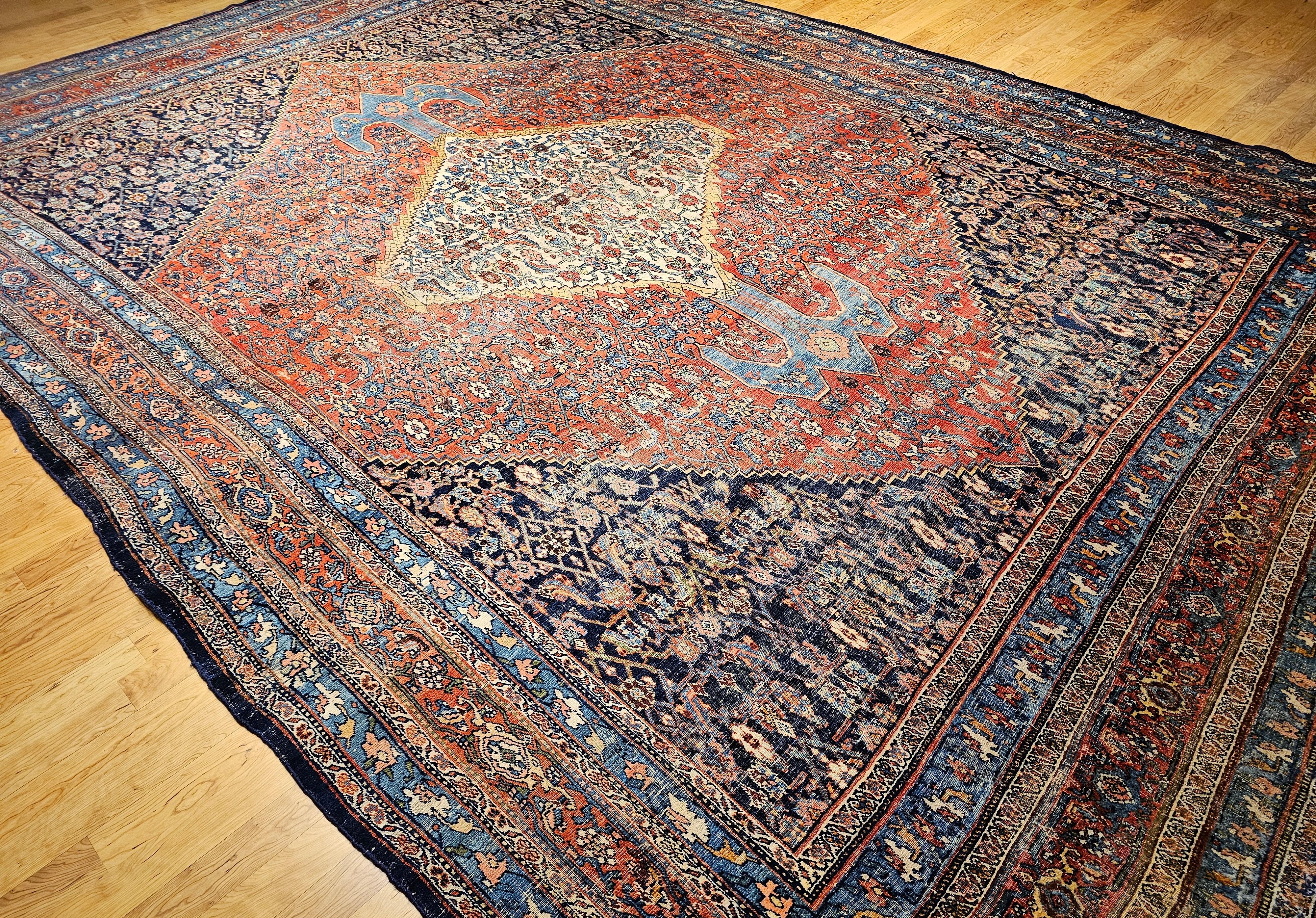 19th Century Oversized Persian Bidjar in red, French Blue, Ivory, Navy, Yellow For Sale 11