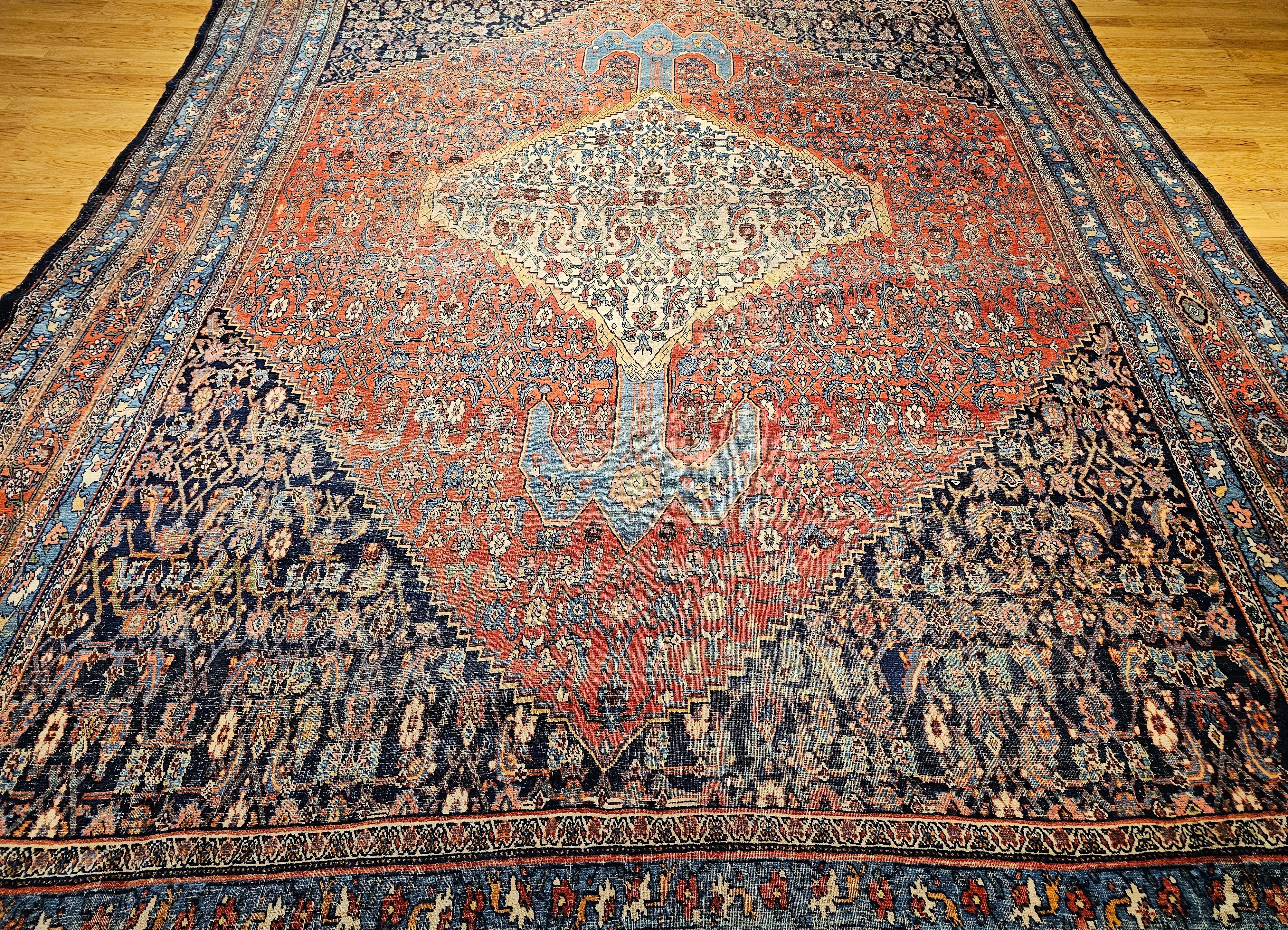 19th Century Oversized Persian Bidjar in red, French Blue, Ivory, Navy, Yellow For Sale 12