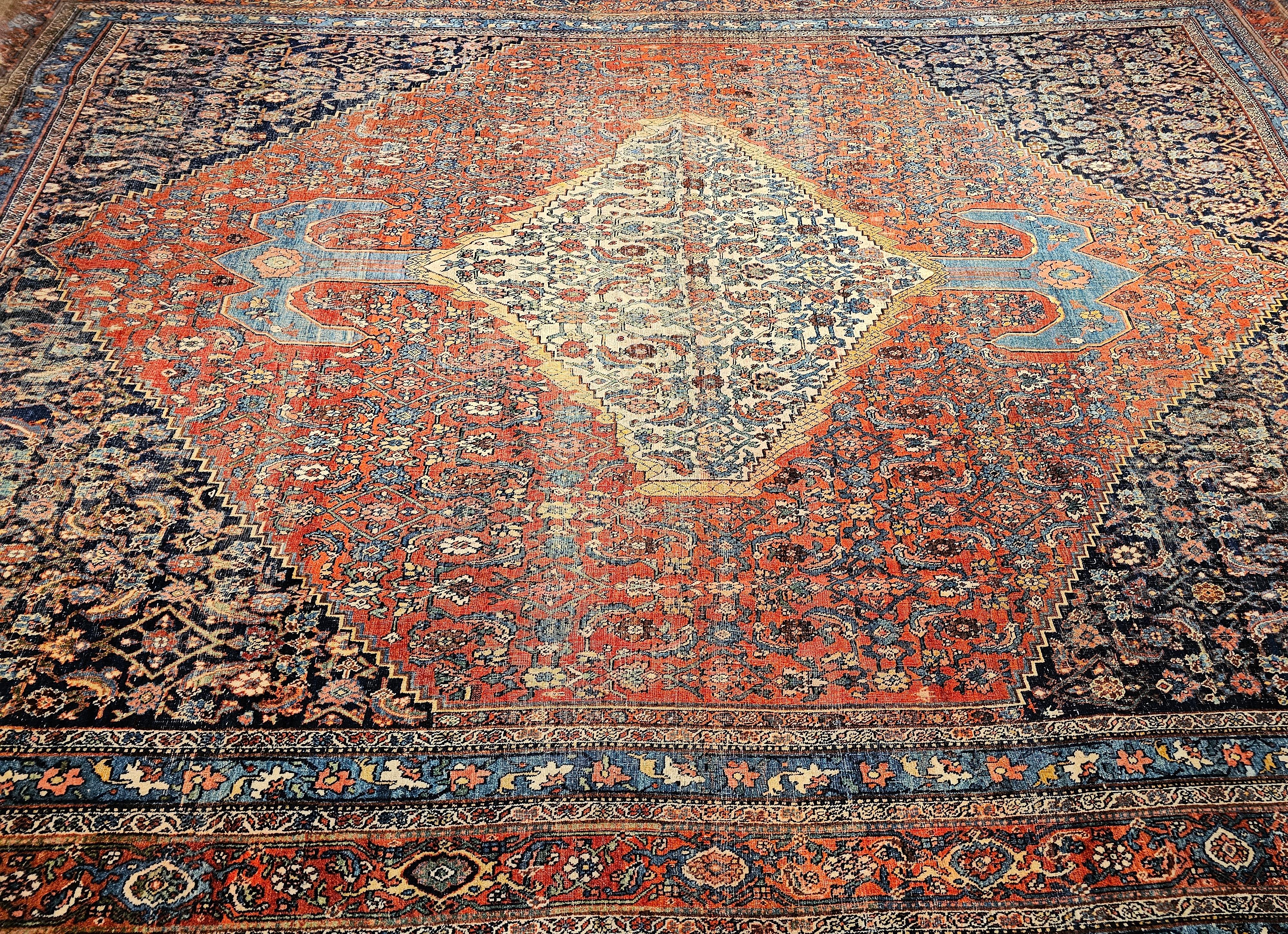 19th Century Oversized Persian Bidjar in red, French Blue, Ivory, Navy, Yellow For Sale 13