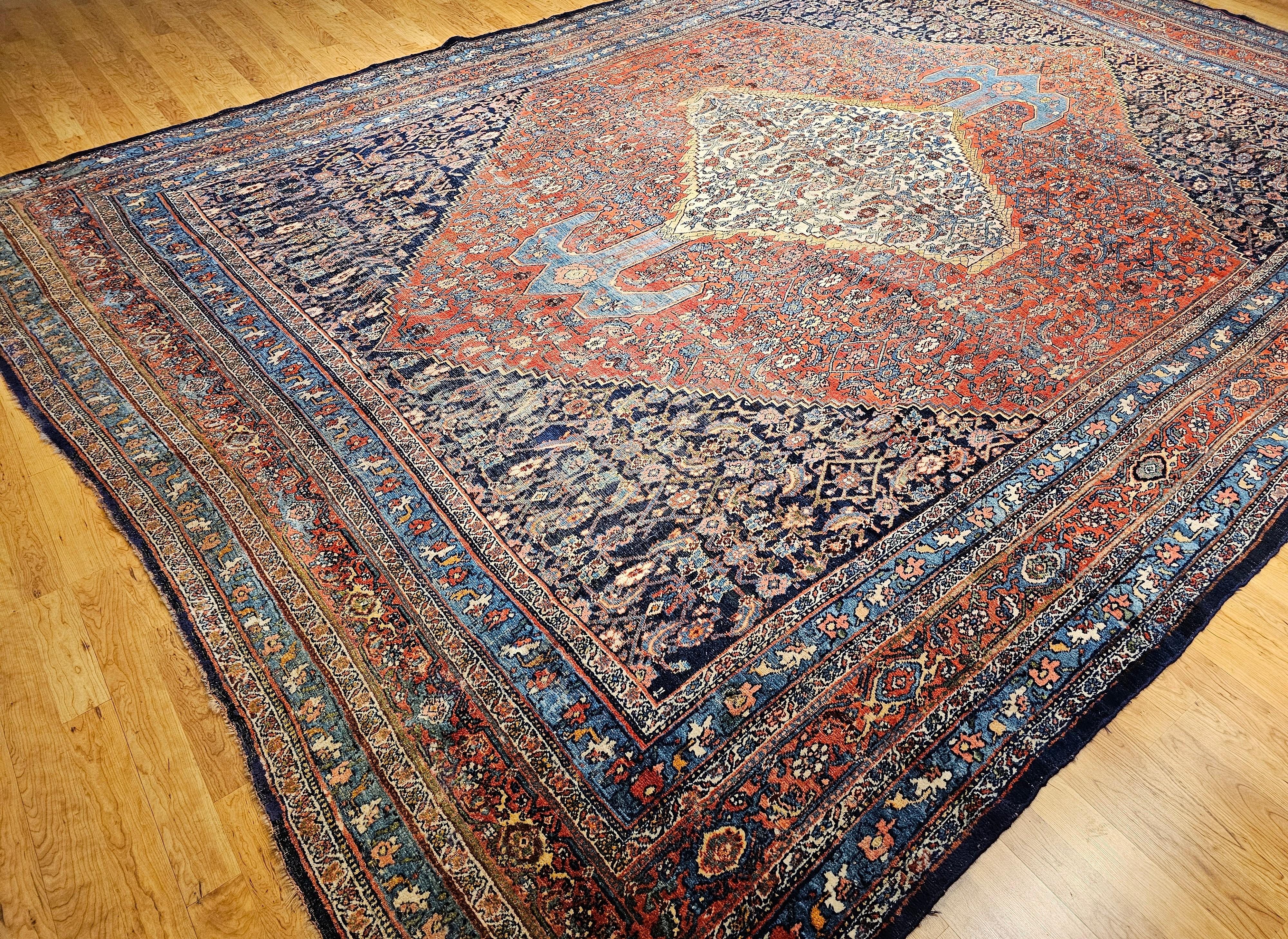 19th Century Oversized Persian Bidjar in red, French Blue, Ivory, Navy, Yellow For Sale 14
